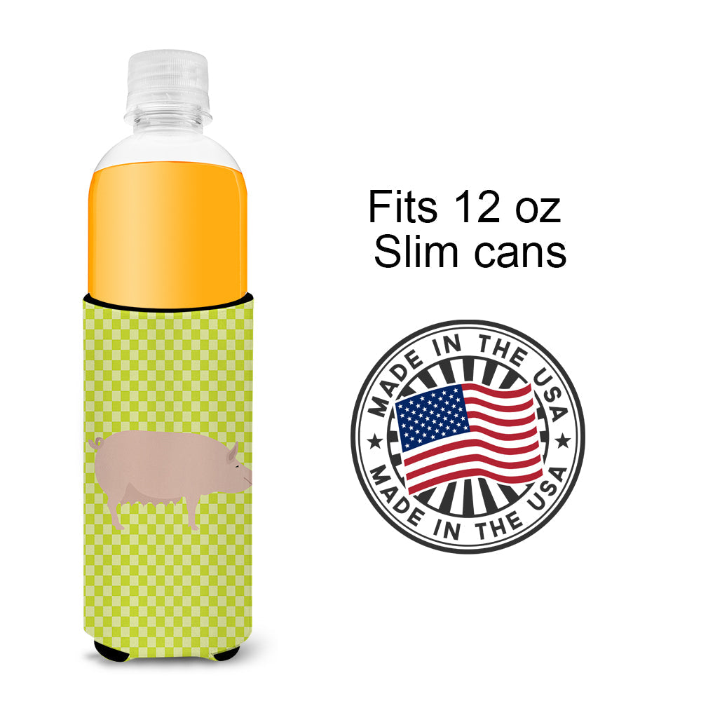 English Large White Pig Green Slim Can Hugger , Insulated Foam Hugger for 12 oz Slim Cans, Beer Bottles & Water Bottles, Printed in USA