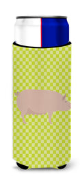 English Large White Pig Green Slim Can Hugger , Insulated Foam Hugger for 12 oz Slim Cans, Beer Bottles & Water Bottles, Printed in USA