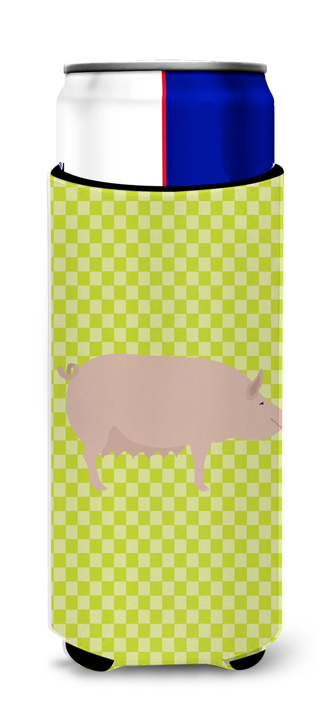 English Large White Pig Green Slim Can Hugger , Insulated Foam Hugger for 12 oz Slim Cans, Beer Bottles & Water Bottles, Printed in USA