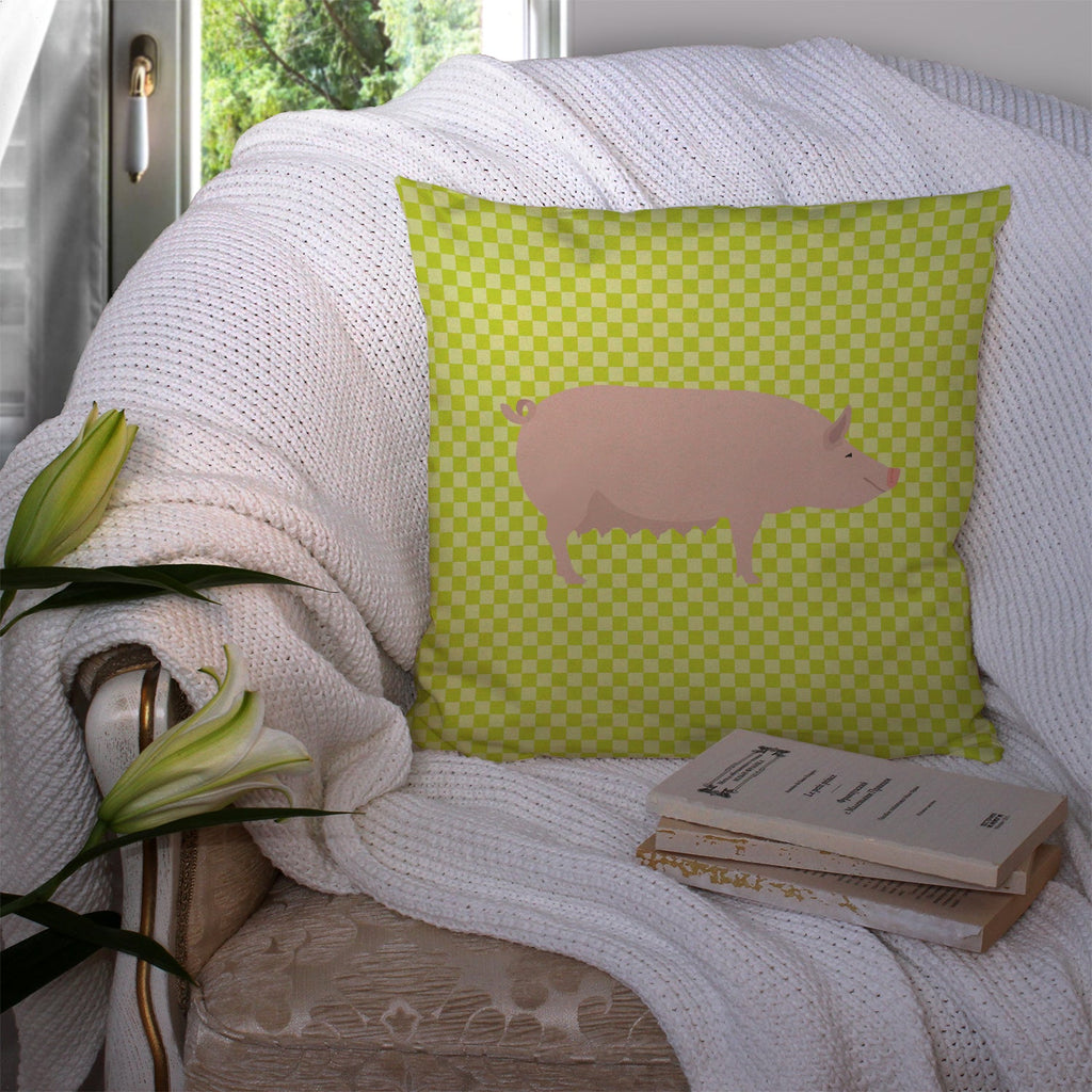 English Large White Pig Green Decorative Throw Pillow 14x14 Indoor Outdoor Accent Cushion, Fabric Cover with Insert for Sofa, Bed, Porch & Living Room
