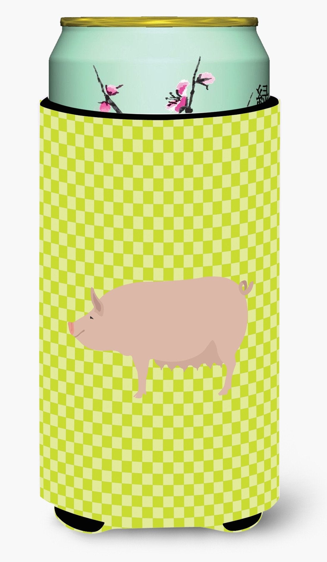 English Large White Pig Green Tall Boy Hugger Can Cooler Sleeve Machine Washable Drink Collapsible Insulator Beverage Insulated Holder