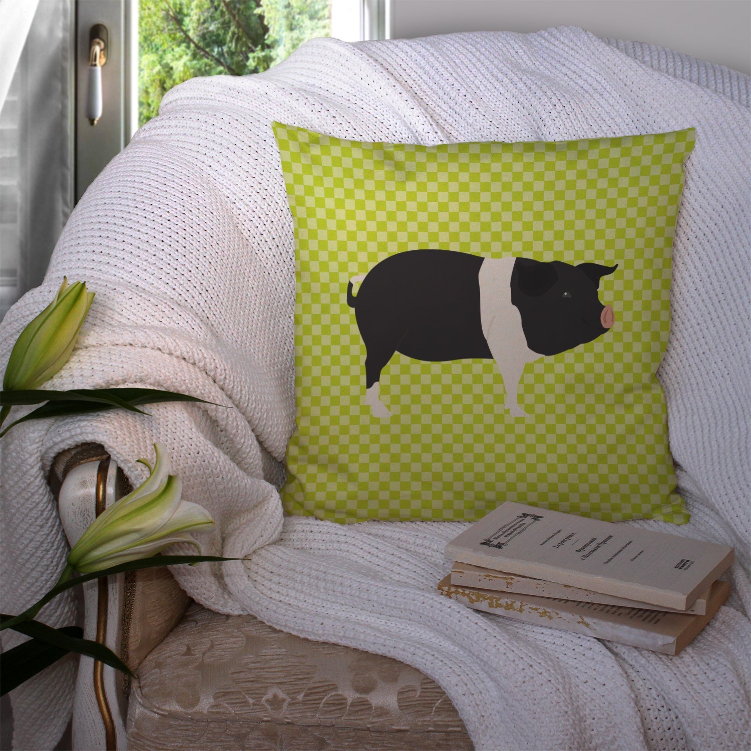 Hampshire Pig Green Decorative Throw Pillow 14x14 Indoor Outdoor Accent Cushion, Fabric Cover with Insert for Sofa, Bed, Porch & Living Room