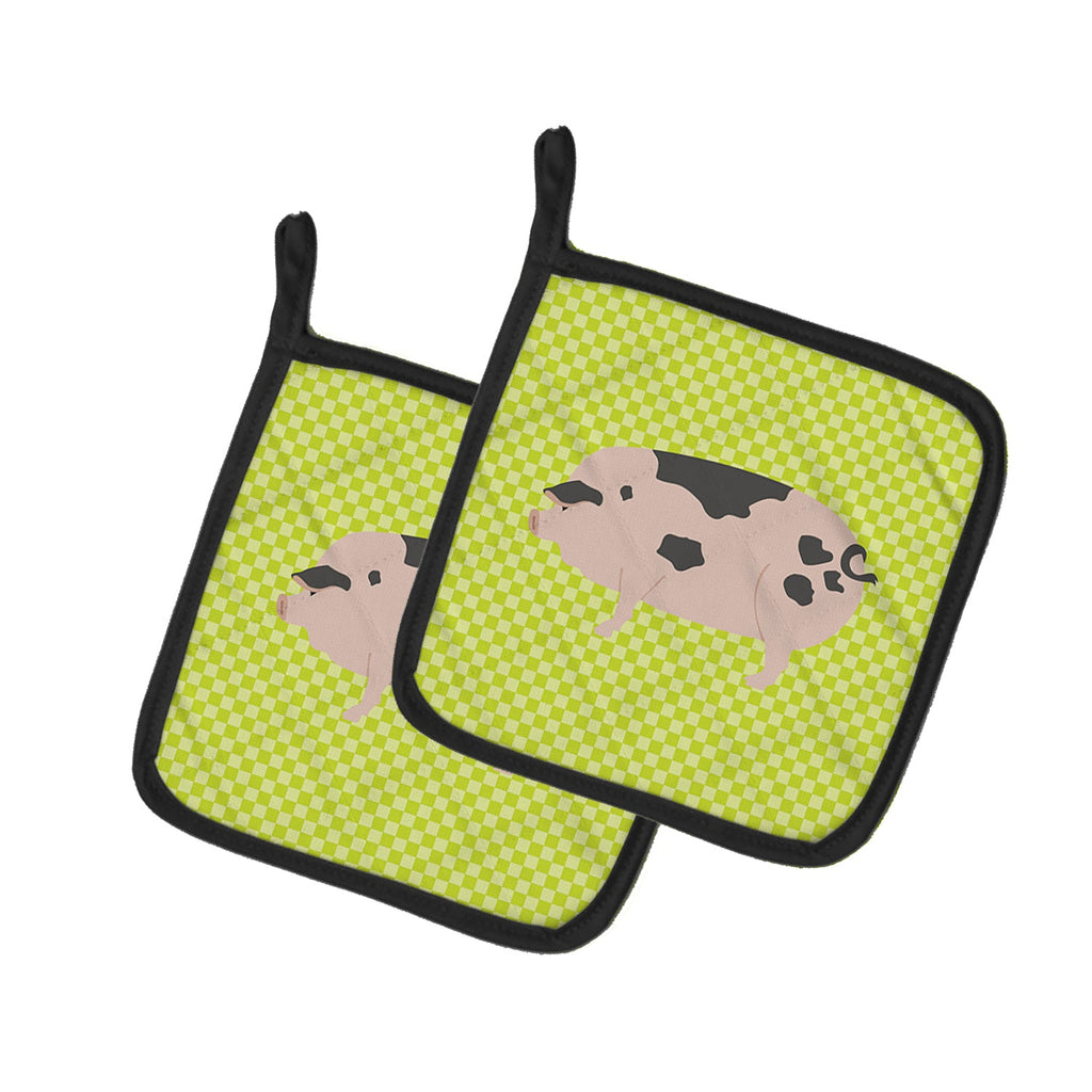 Gloucester Old Spot Pig Green Pot Holder Set of 2 Heat Resistant Quilted Hot Pads 7.5 x 7.5 Inch, Insulated Kitchen Trivets for Cooking & Baking