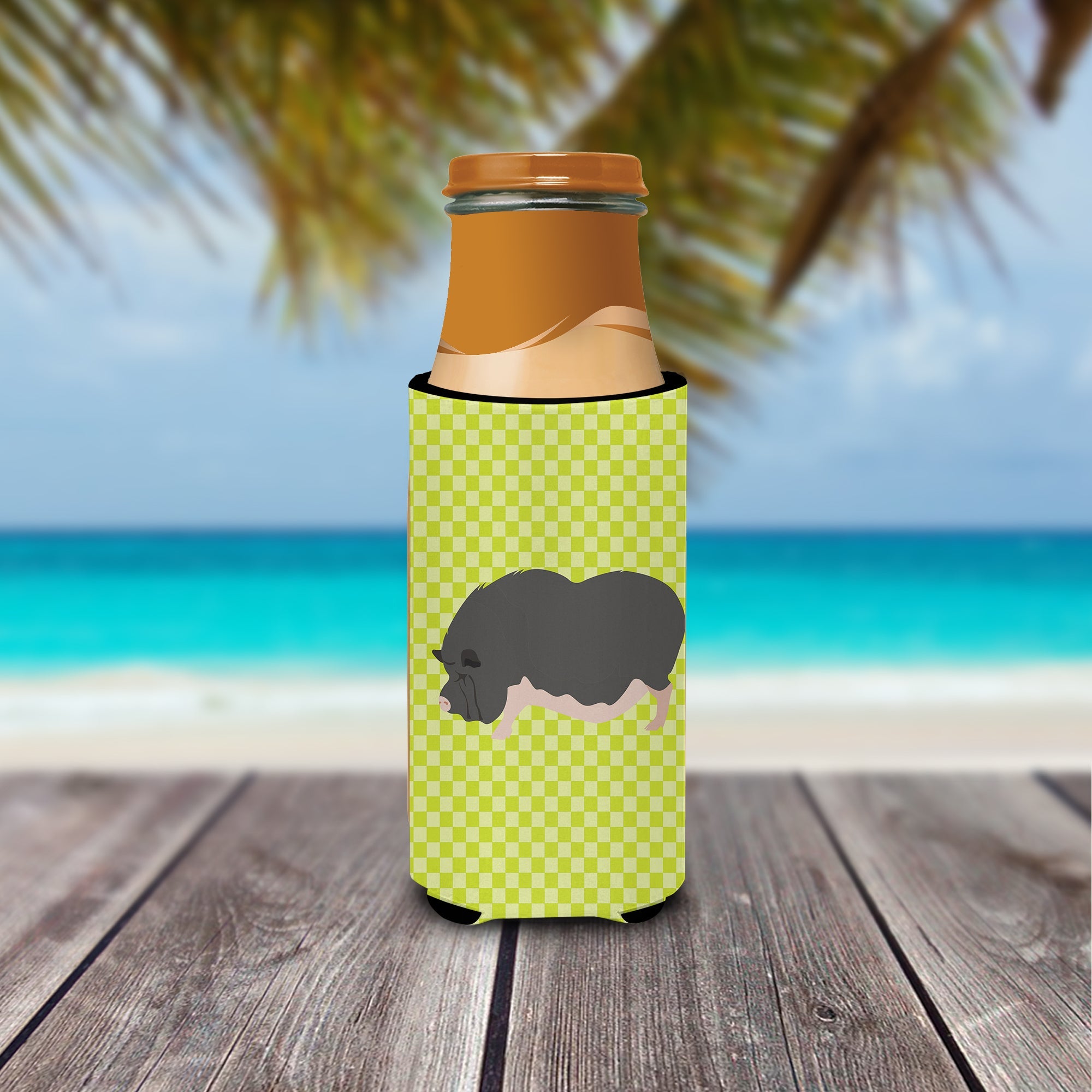 Vietnamese Pot-Bellied Pig Green Slim Can Hugger , Insulated Foam Hugger for 12 oz Slim Cans, Beer Bottles & Water Bottles, Printed in USA