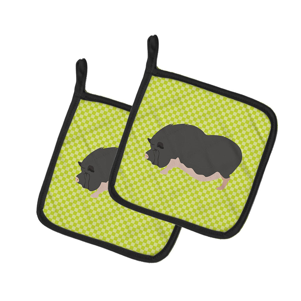 Vietnamese Pot-Bellied Pig Green Pot Holder Set of 2 Heat Resistant Quilted Hot Pads 7.5 x 7.5 Inch, Insulated Kitchen Trivets for Cooking & Baking