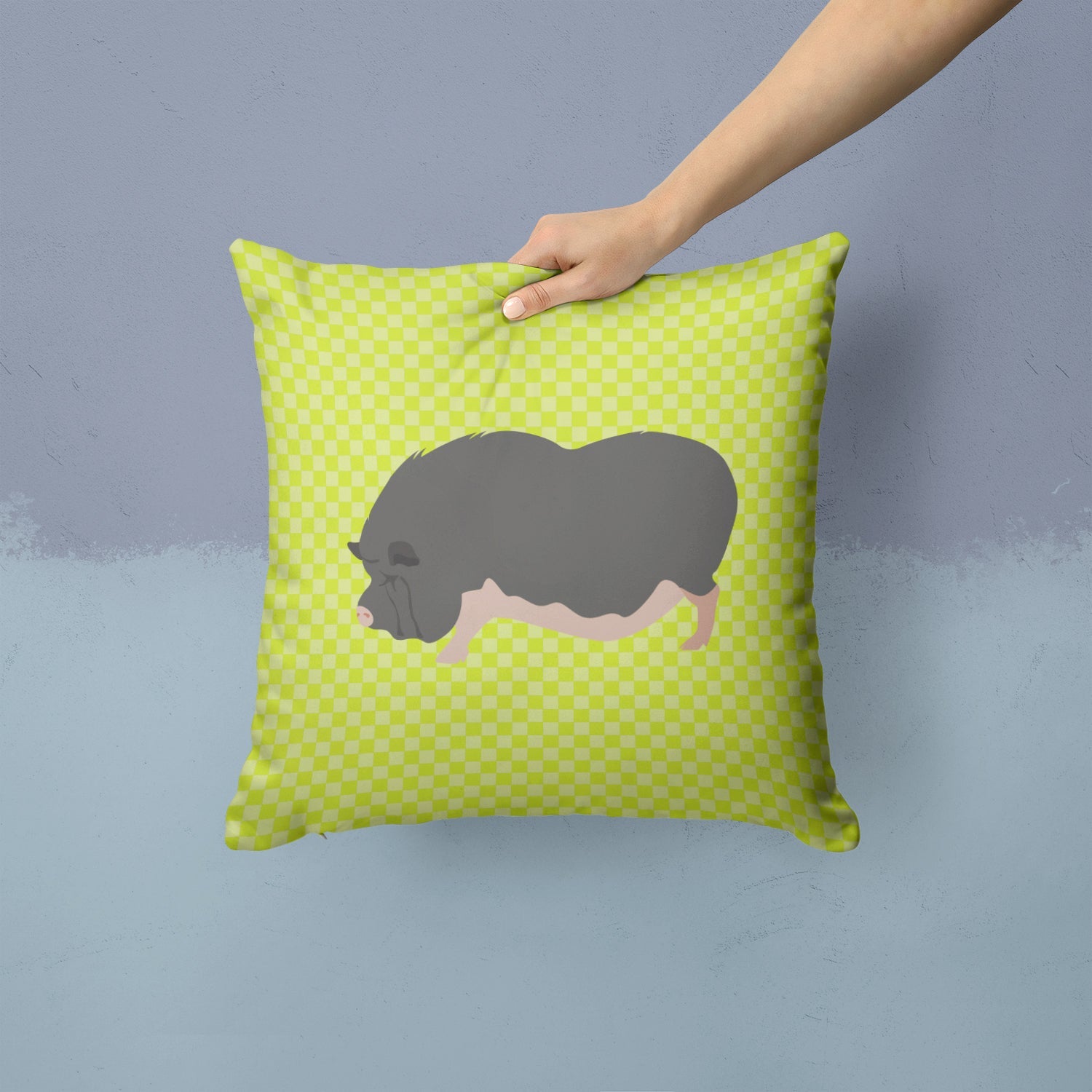 Vietnamese Pot-Bellied Pig Green Decorative Throw Pillow 14x14 Indoor Outdoor Accent Cushion, Fabric Cover with Insert for Sofa, Bed, Porch & Living Room