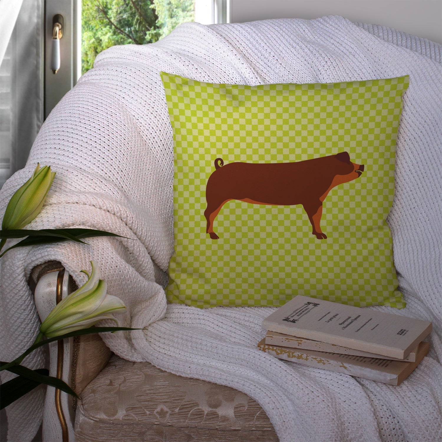 Duroc Pig Green Decorative Throw Pillow 14x14 Indoor Outdoor Accent Cushion, Fabric Cover with Insert for Sofa, Bed, Porch & Living Room
