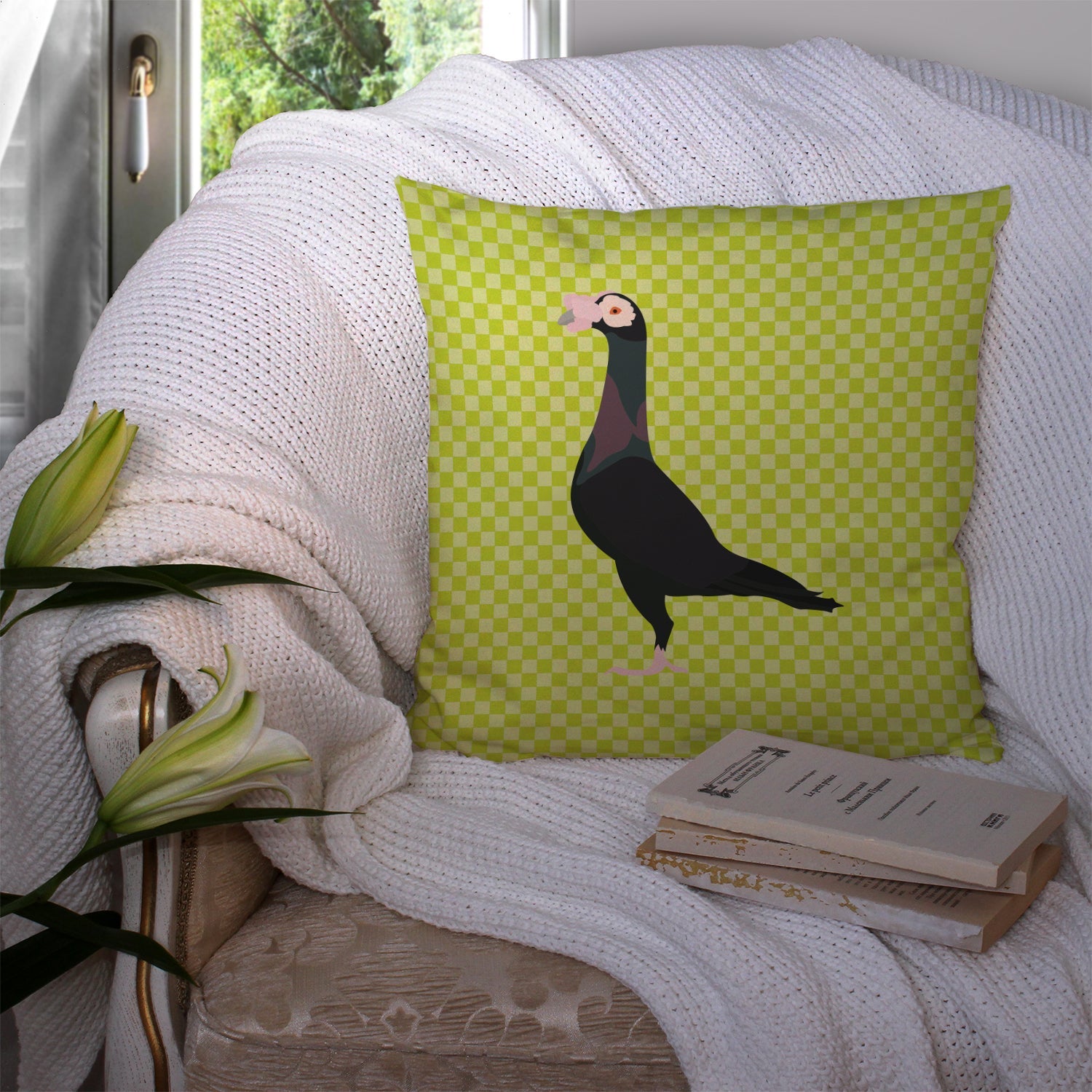 English Carrier Pigeon Green Decorative Throw Pillow 14x14 Indoor Outdoor Accent Cushion, Fabric Cover with Insert for Sofa, Bed, Porch & Living Room