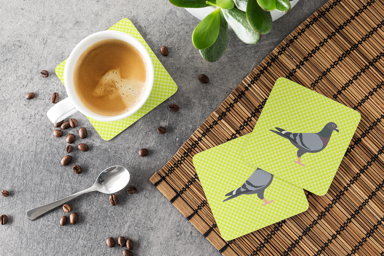 Racing Pigeon Green Foam Coasters Set of 4 Cup Coasters for Indoor Outdoor, Tabletop Protection, Anti Slip, Mouse pad Material