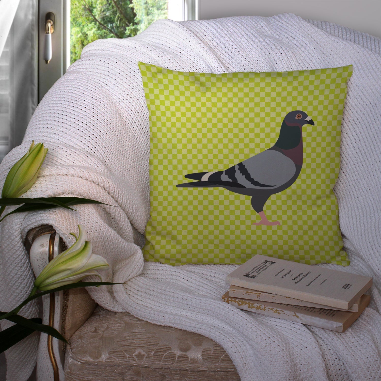 Racing Pigeon Green Decorative Throw Pillow 14x14 Indoor Outdoor Accent Cushion, Fabric Cover with Insert for Sofa, Bed, Porch & Living Room