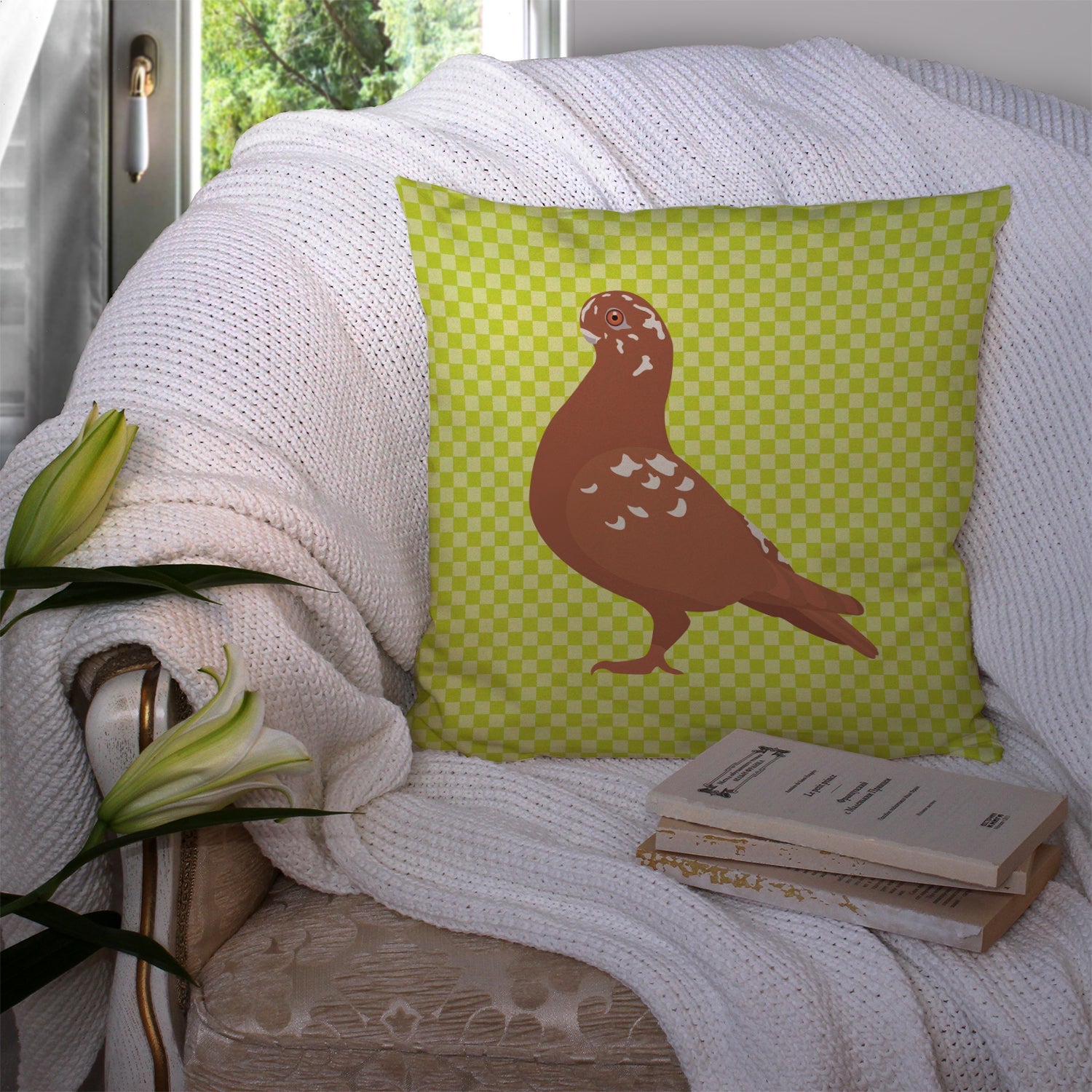African Owl Pigeon Green Decorative Throw Pillow 14x14 Indoor Outdoor Accent Cushion, Fabric Cover with Insert for Sofa, Bed, Porch & Living Room