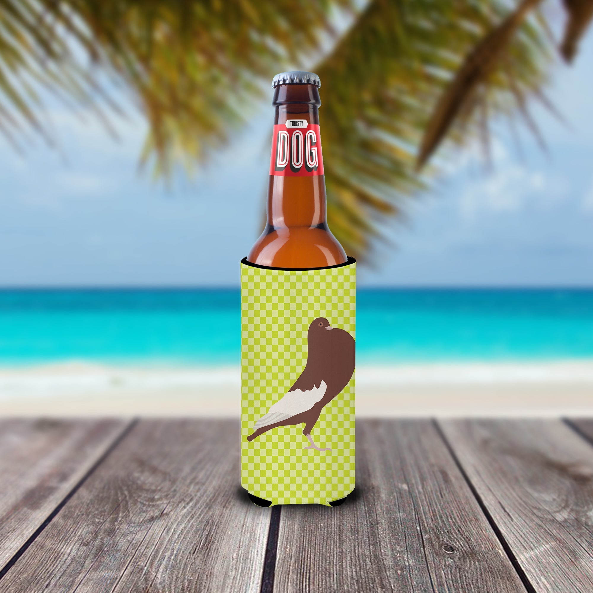 English Pouter Pigeon Green Slim Can Hugger , Insulated Foam Hugger for 12 oz Slim Cans, Beer Bottles & Water Bottles, Printed in USA