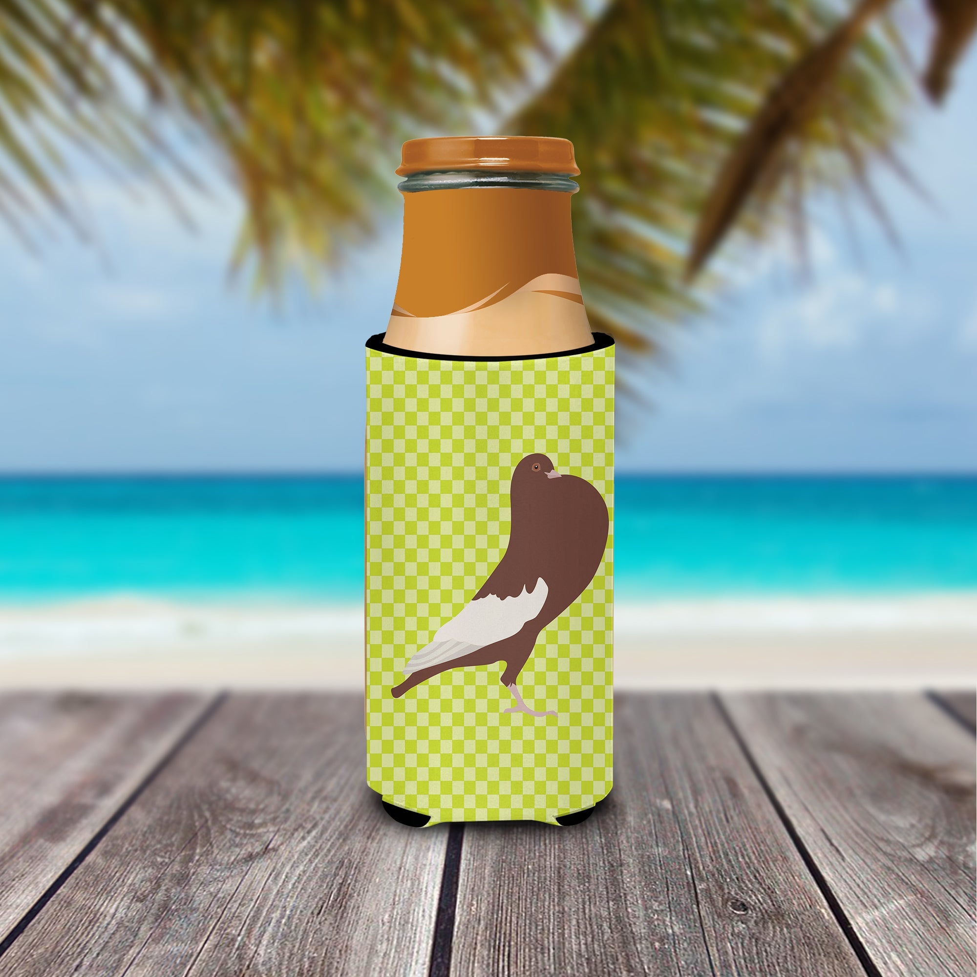 English Pouter Pigeon Green Slim Can Hugger , Insulated Foam Hugger for 12 oz Slim Cans, Beer Bottles & Water Bottles, Printed in USA