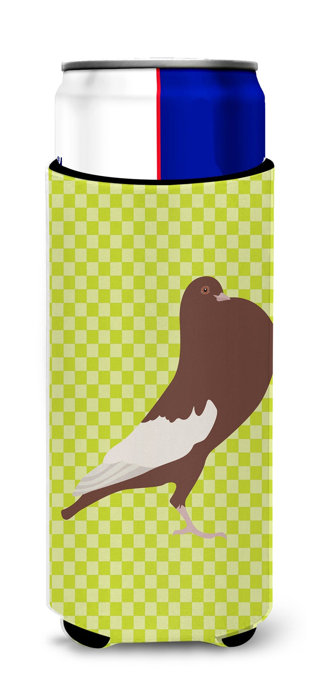 English Pouter Pigeon Green Slim Can Hugger , Insulated Foam Hugger for 12 oz Slim Cans, Beer Bottles & Water Bottles, Printed in USA
