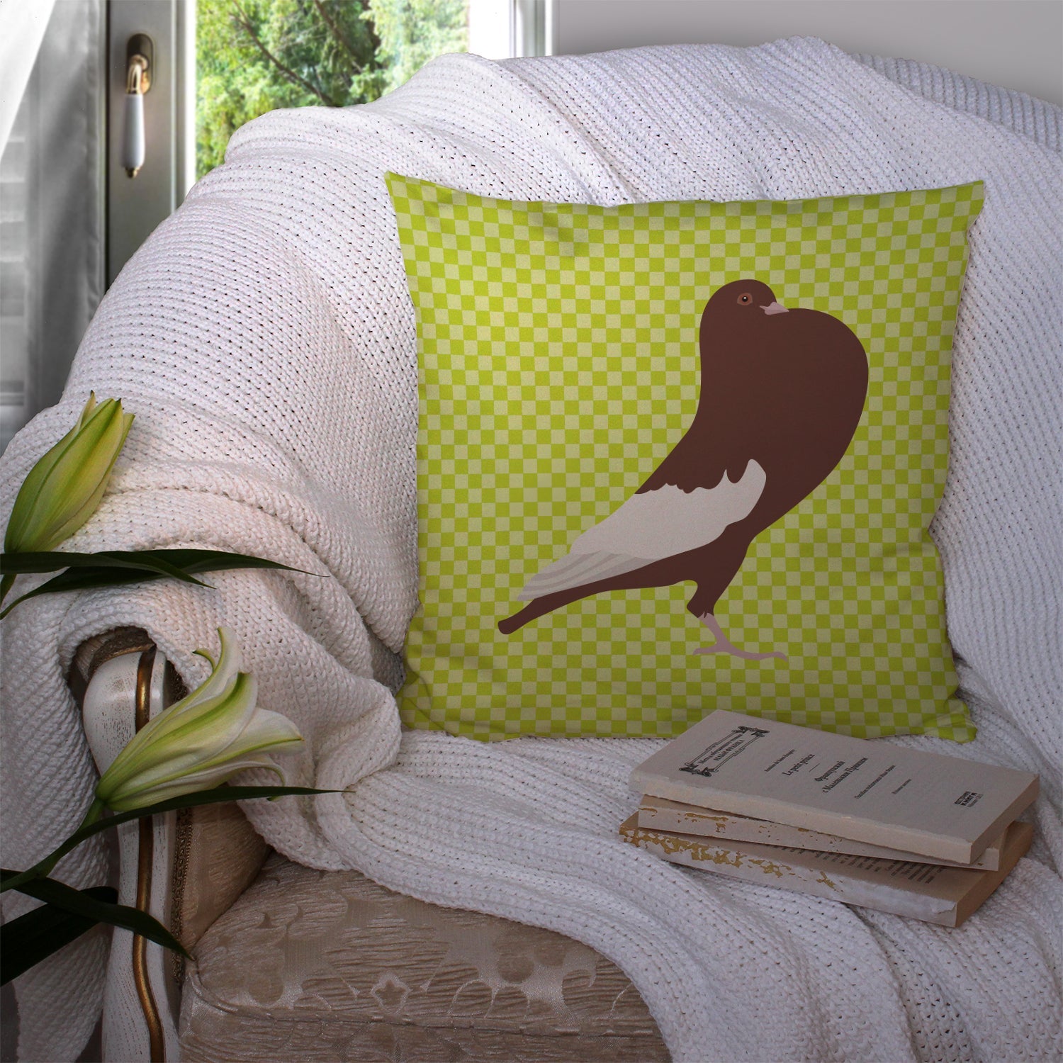 English Pouter Pigeon Green Decorative Throw Pillow 14x14 Indoor Outdoor Accent Cushion, Fabric Cover with Insert for Sofa, Bed, Porch & Living Room