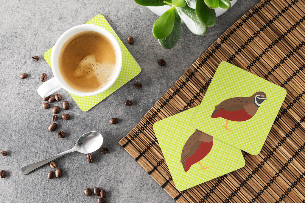 Chinese Painted or King Quail Green Foam Coasters Set of 4 Cup Coasters for Indoor Outdoor, Tabletop Protection, Anti Slip, Mouse pad Material