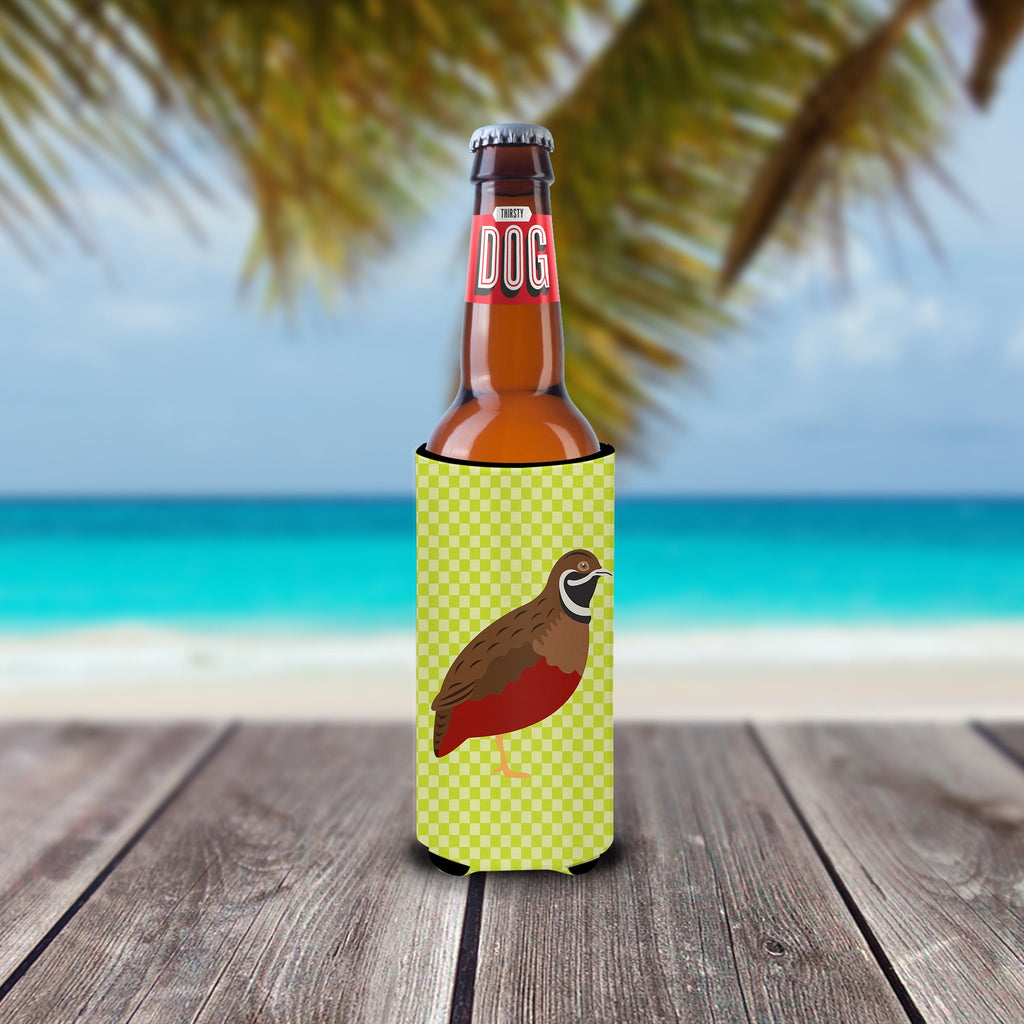 Chinese Painted or King Quail Green Slim Can Hugger , Insulated Foam Hugger for 12 oz Slim Cans, Beer Bottles & Water Bottles, Printed in USA