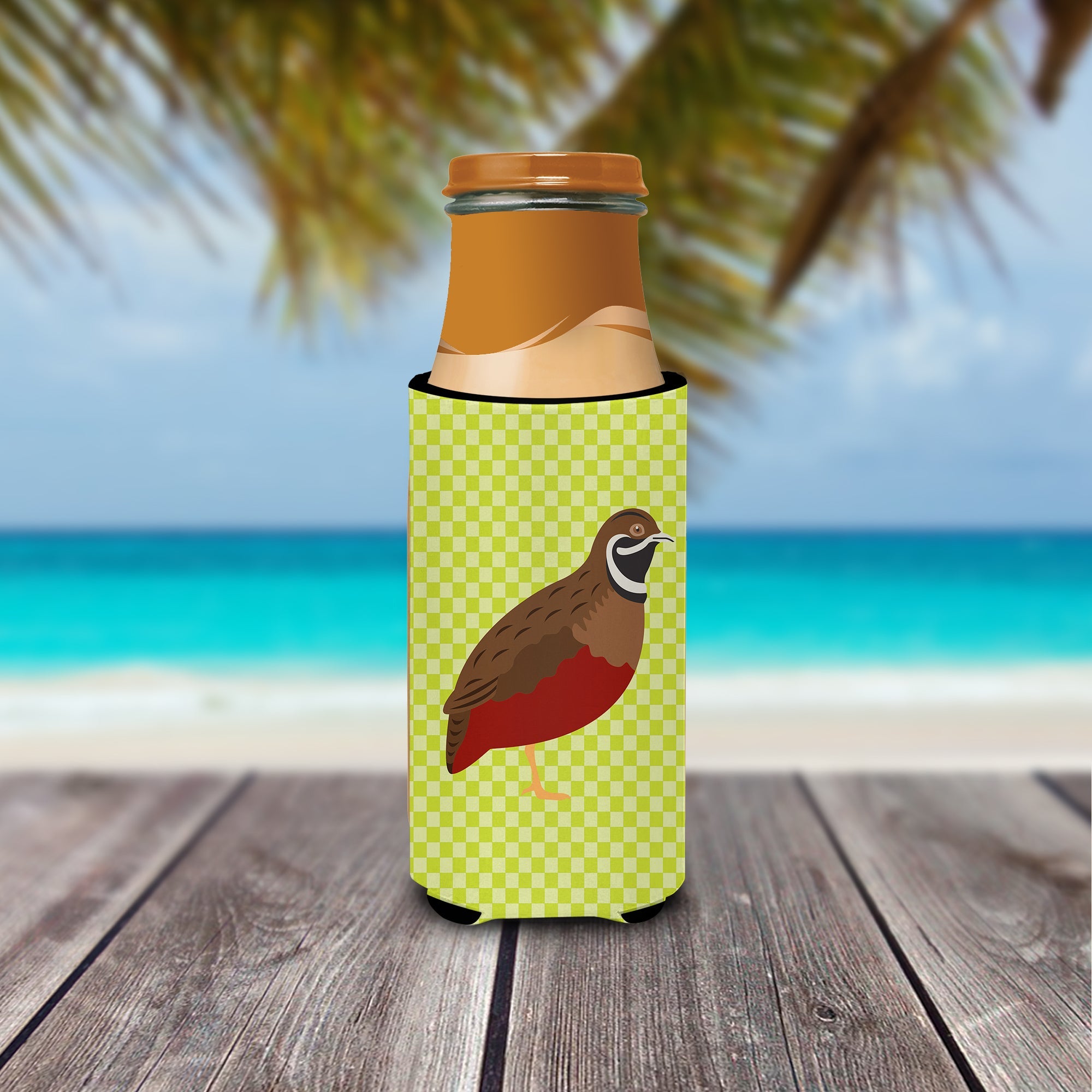Chinese Painted or King Quail Green Slim Can Hugger , Insulated Foam Hugger for 12 oz Slim Cans, Beer Bottles & Water Bottles, Printed in USA