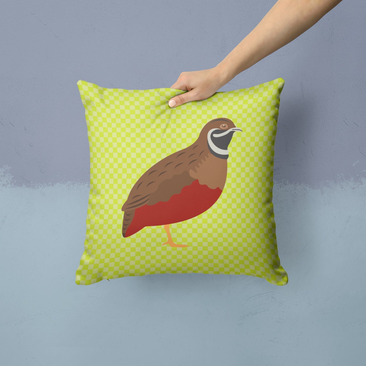 Chinese Painted or King Quail Green Decorative Throw Pillow 14x14 Indoor Outdoor Accent Cushion, Fabric Cover with Insert for Sofa, Bed, Porch & Living Room