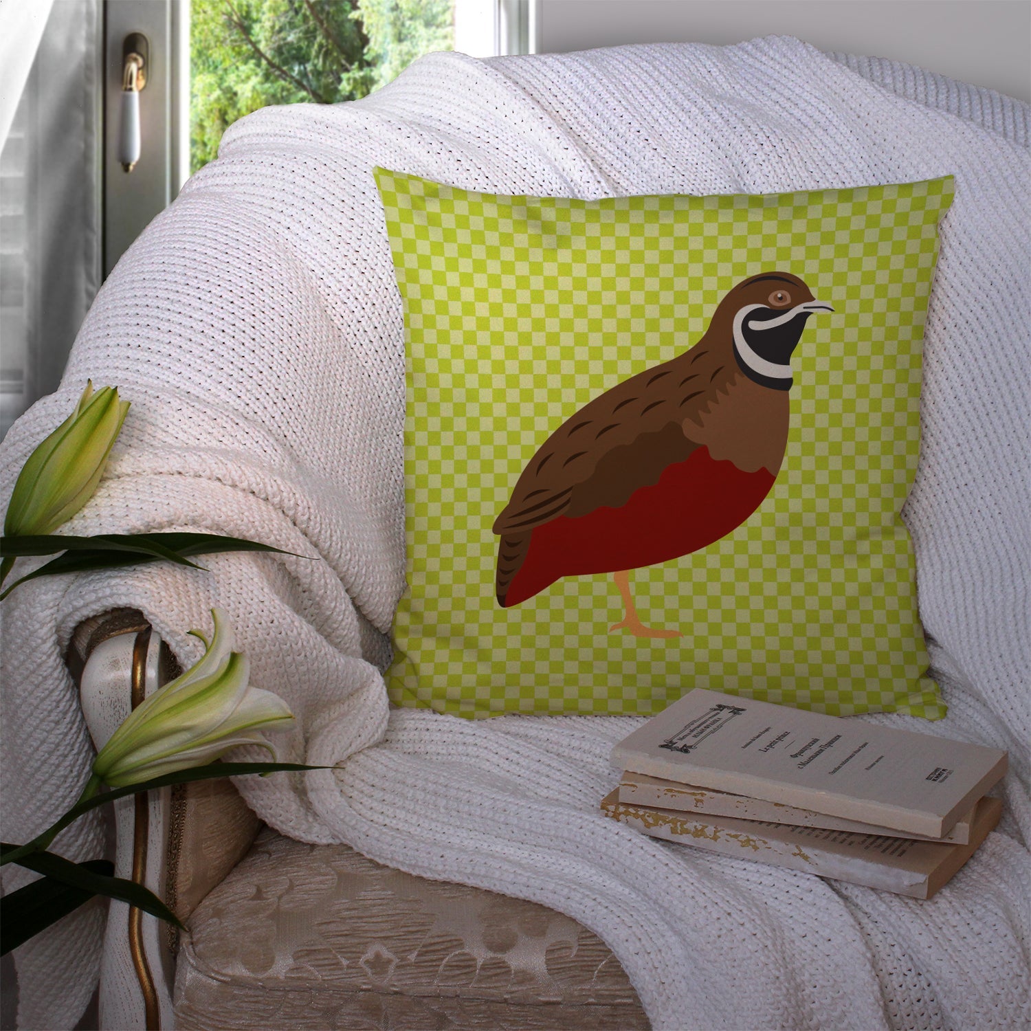 Chinese Painted or King Quail Green Decorative Throw Pillow 14x14 Indoor Outdoor Accent Cushion, Fabric Cover with Insert for Sofa, Bed, Porch & Living Room