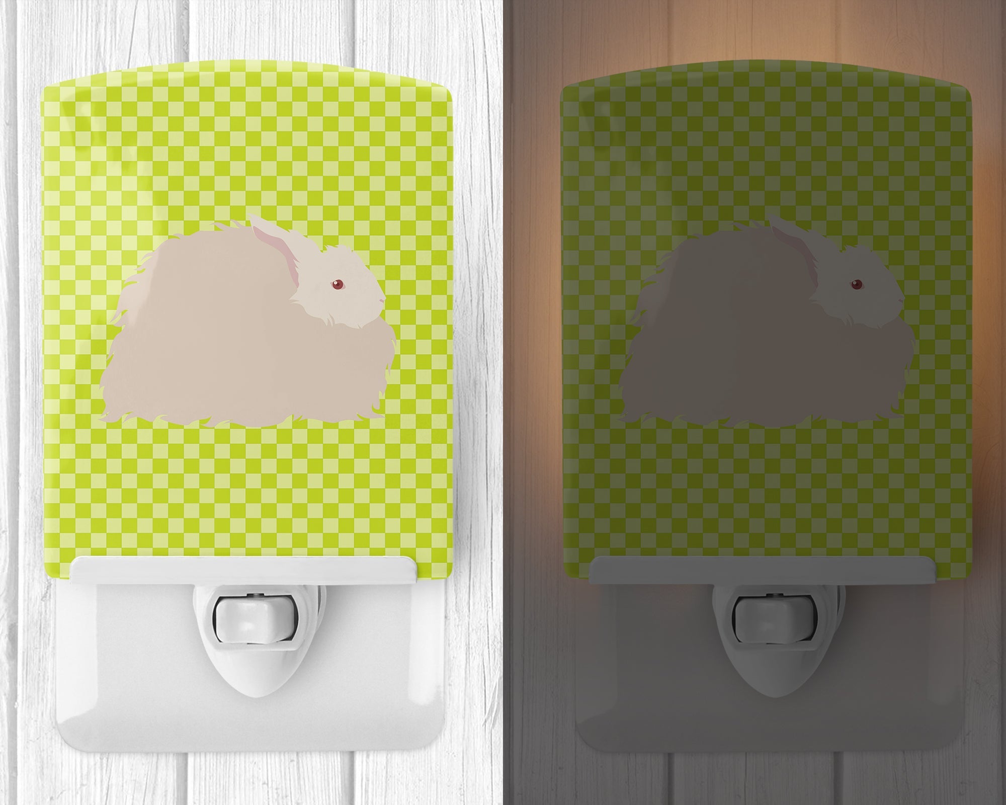 Fluffy Angora Rabbit Green Ceramic Night Light Compact, UL-Certified, Ideal for Bedroom, Bathroom, Nursery, Hallway, Kitchen, 6x4x3, Multicolor