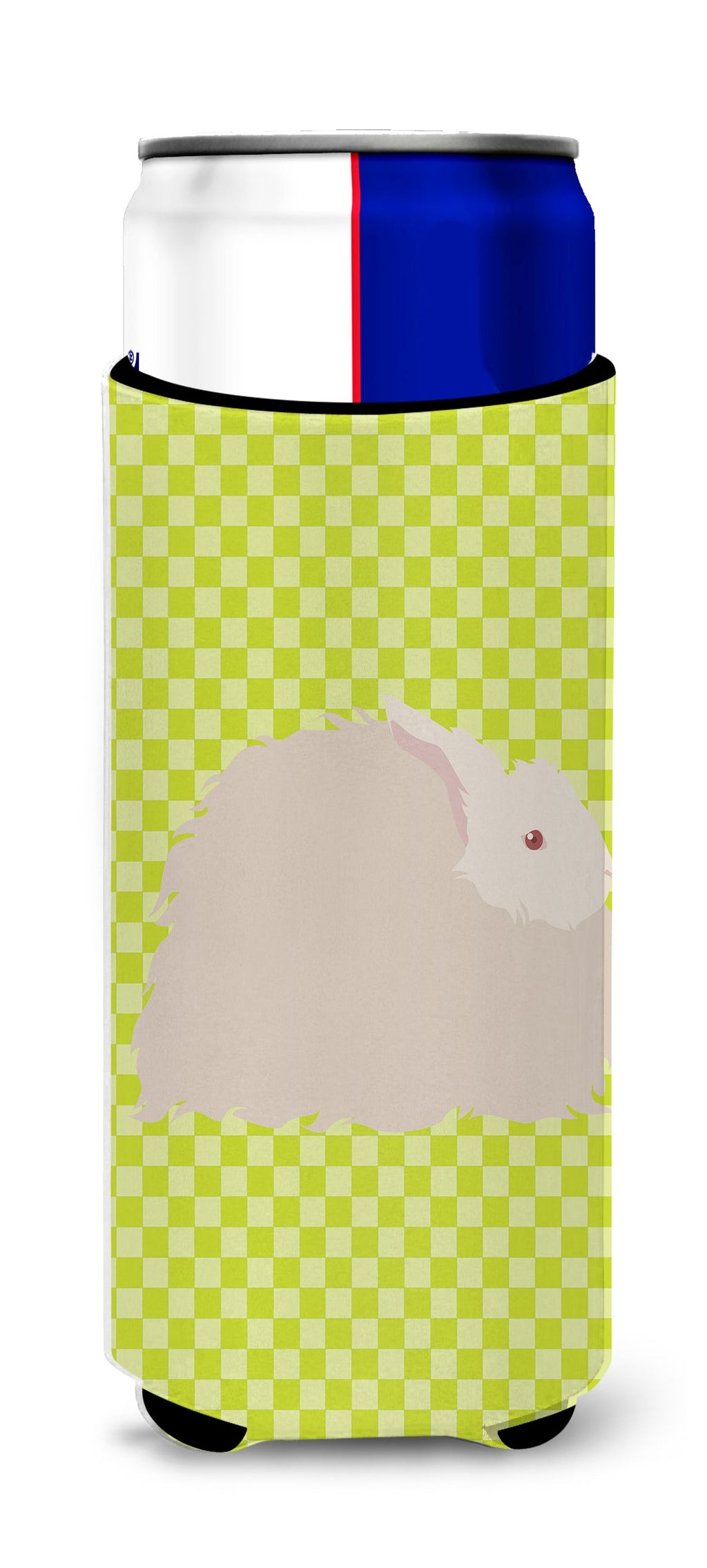 Fluffy Angora Rabbit Green Slim Can Hugger , Insulated Foam Hugger for 12 oz Slim Cans, Beer Bottles & Water Bottles, Printed in USA