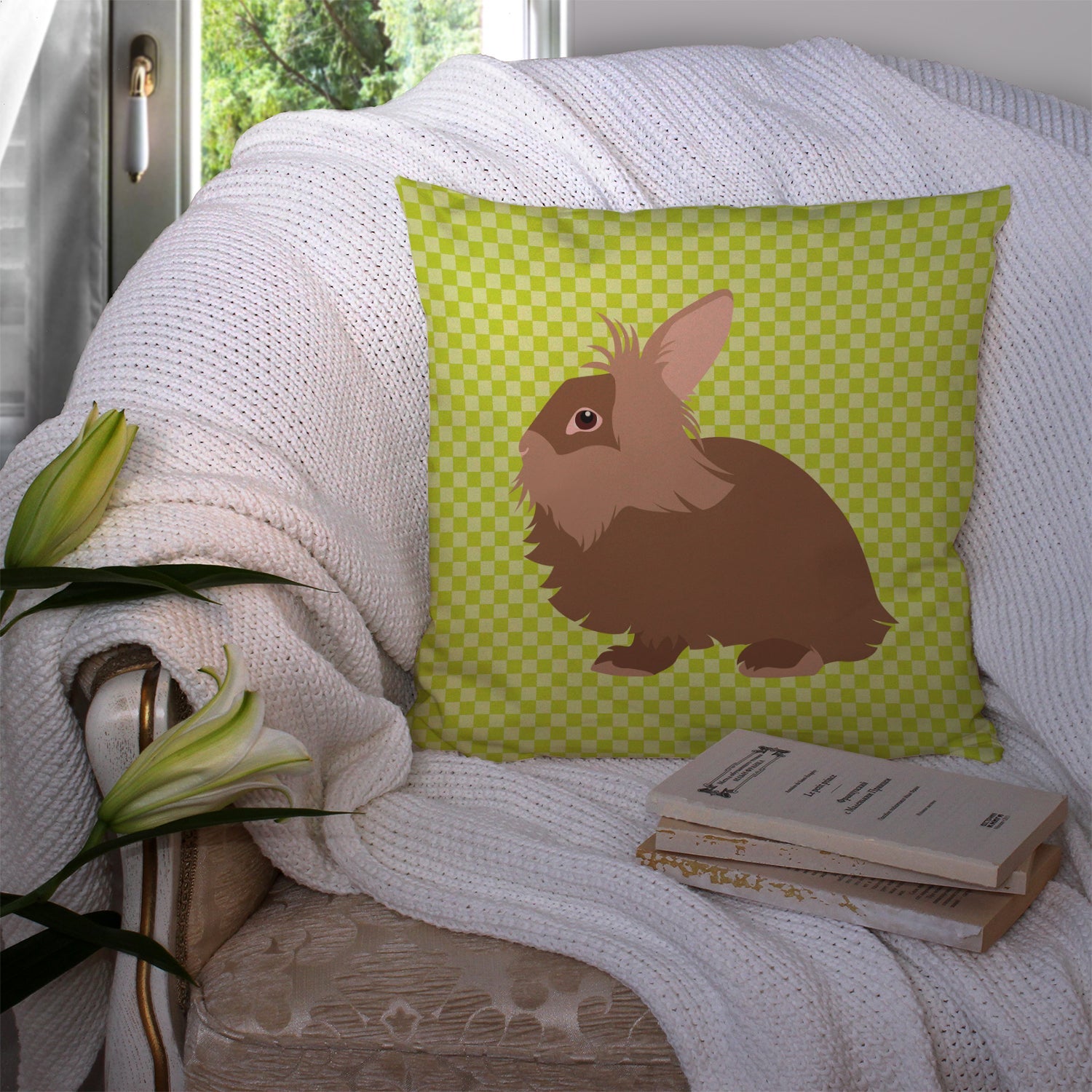 Lionhead Rabbit Green Decorative Throw Pillow 14x14 Indoor Outdoor Accent Cushion, Fabric Cover with Insert for Sofa, Bed, Porch & Living Room