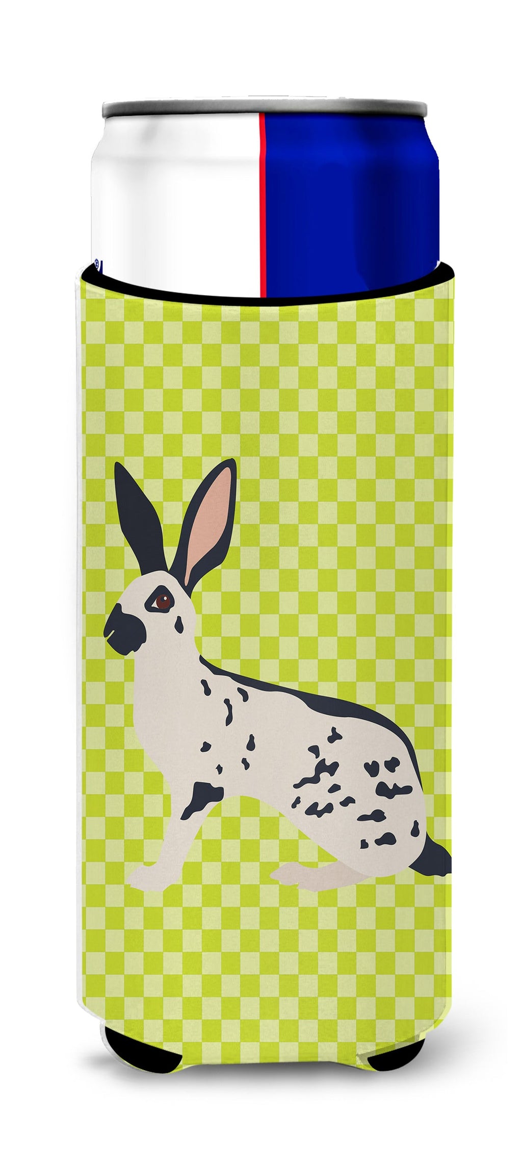 English Spot Rabbit Green Slim Can Hugger , Insulated Foam Hugger for 12 oz Slim Cans, Beer Bottles & Water Bottles, Printed in USA