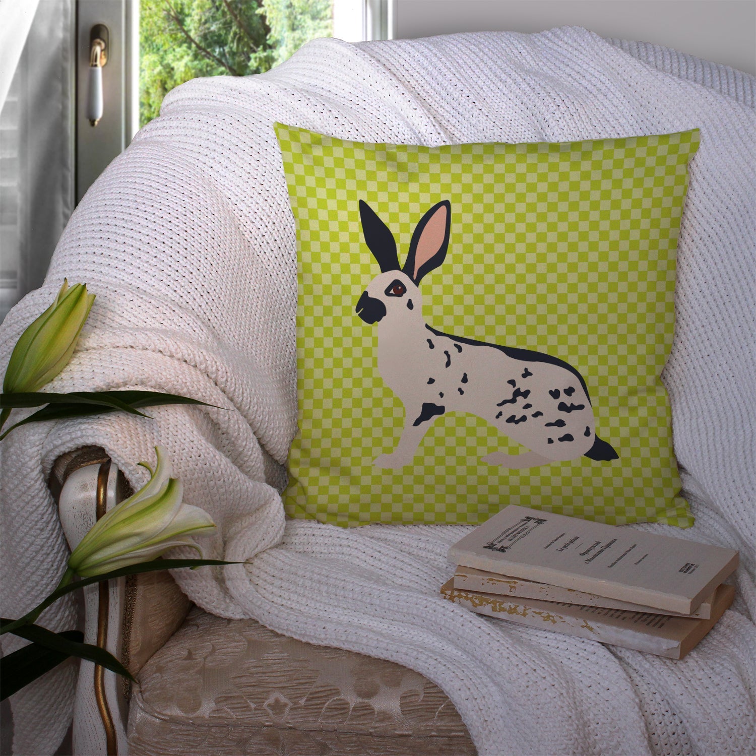 English Spot Rabbit Green Decorative Throw Pillow 14x14 Indoor Outdoor Accent Cushion, Fabric Cover with Insert for Sofa, Bed, Porch & Living Room