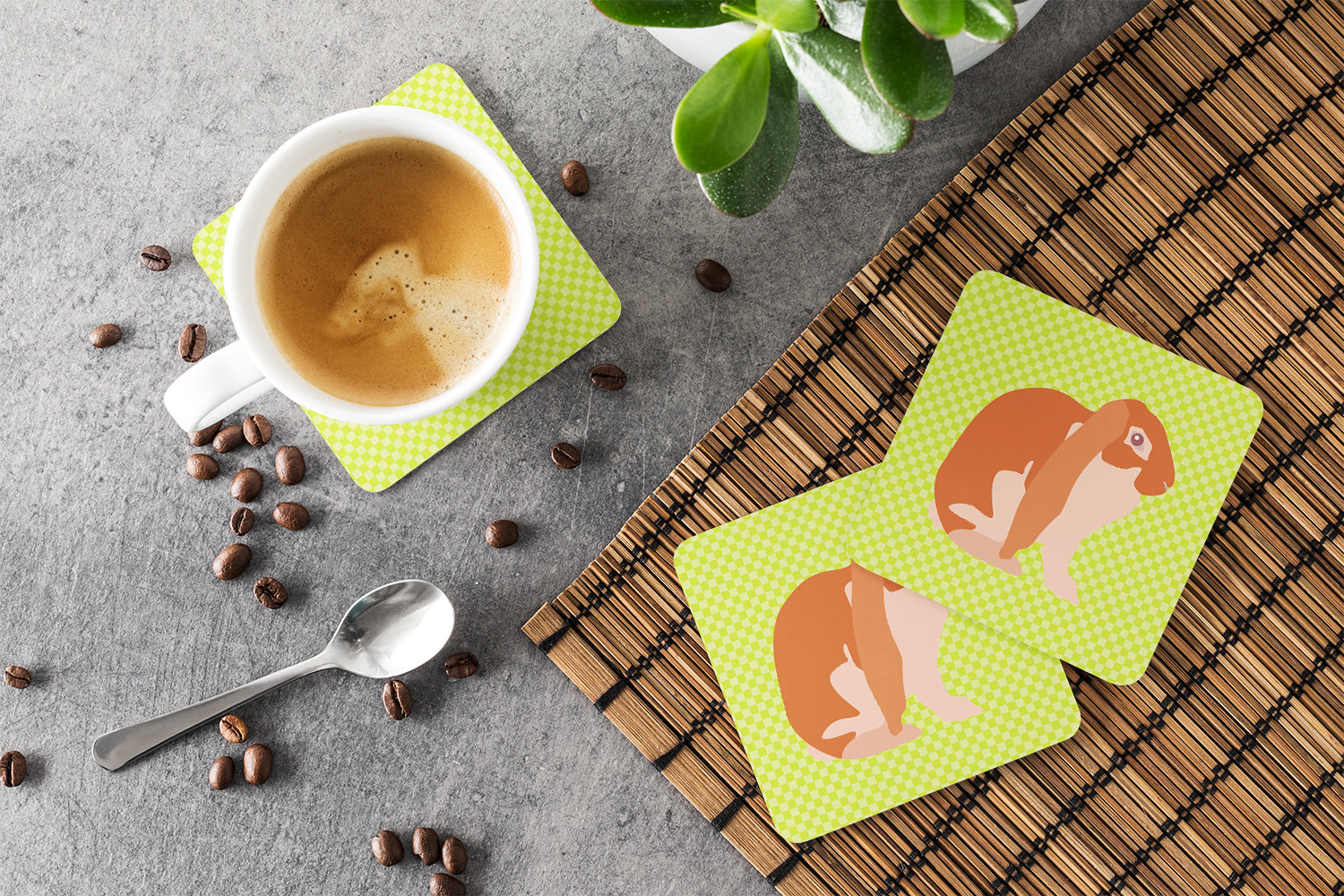 English Lop Rabbit Green Foam Coasters Set of 4 Cup Coasters for Indoor Outdoor, Tabletop Protection, Anti Slip, Mouse pad Material