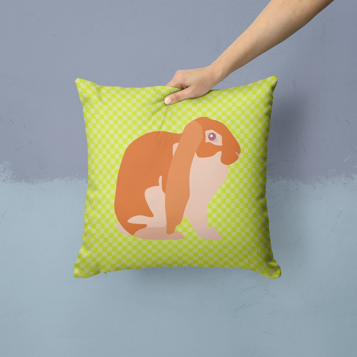English Lop Rabbit Green Decorative Throw Pillow 14x14 Indoor Outdoor Accent Cushion, Fabric Cover with Insert for Sofa, Bed, Porch & Living Room