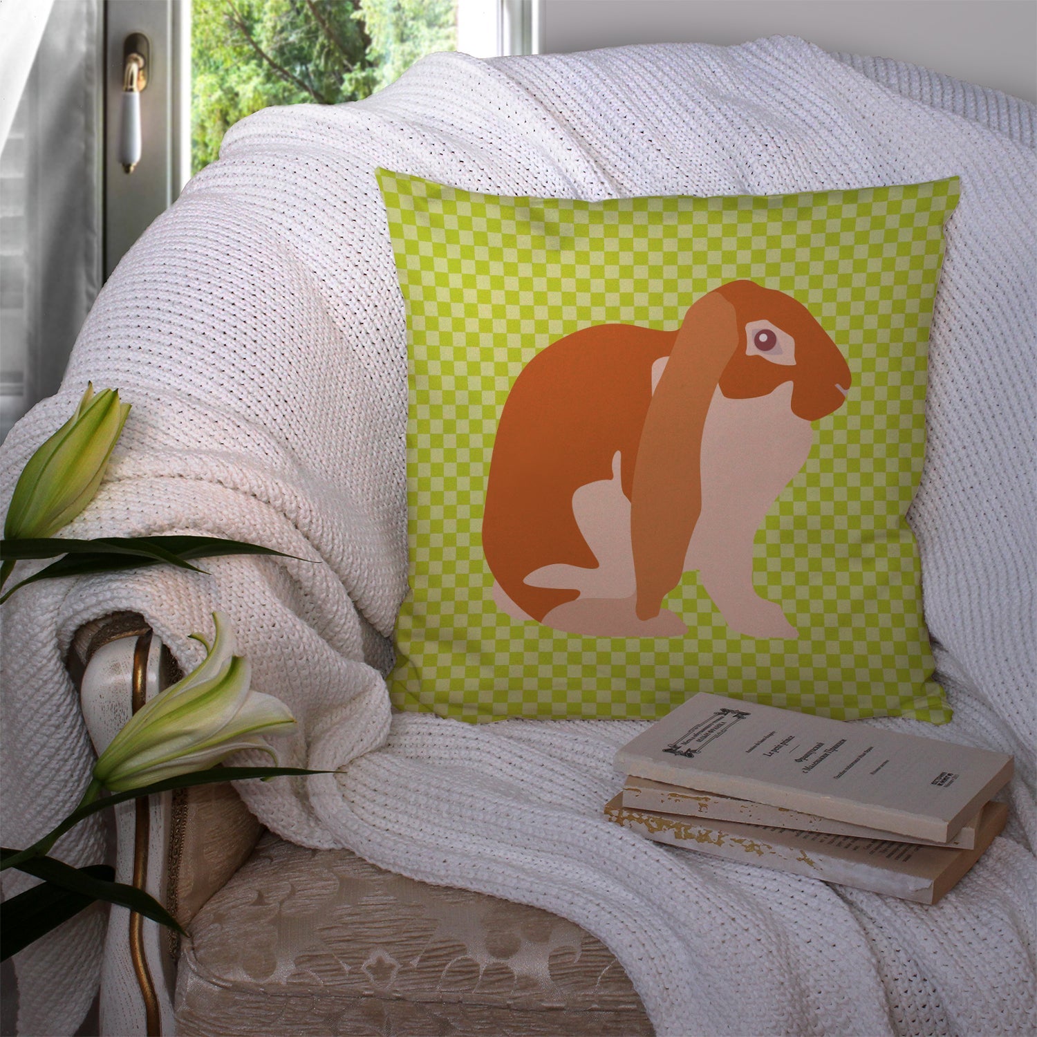 English Lop Rabbit Green Decorative Throw Pillow 14x14 Indoor Outdoor Accent Cushion, Fabric Cover with Insert for Sofa, Bed, Porch & Living Room