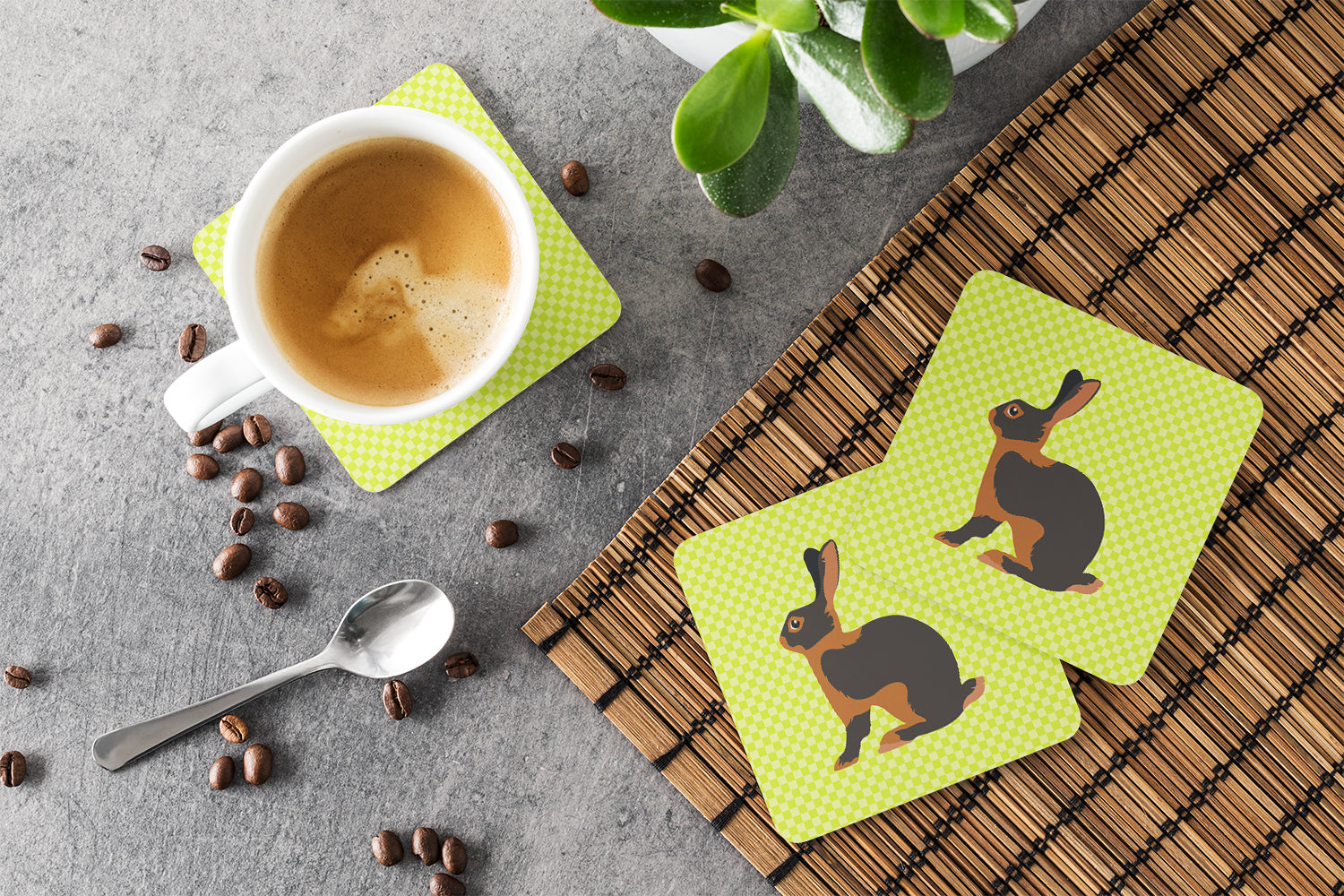 Tan Rabbit Green Foam Coasters Set of 4 Cup Coasters for Indoor Outdoor, Tabletop Protection, Anti Slip, Mouse pad Material