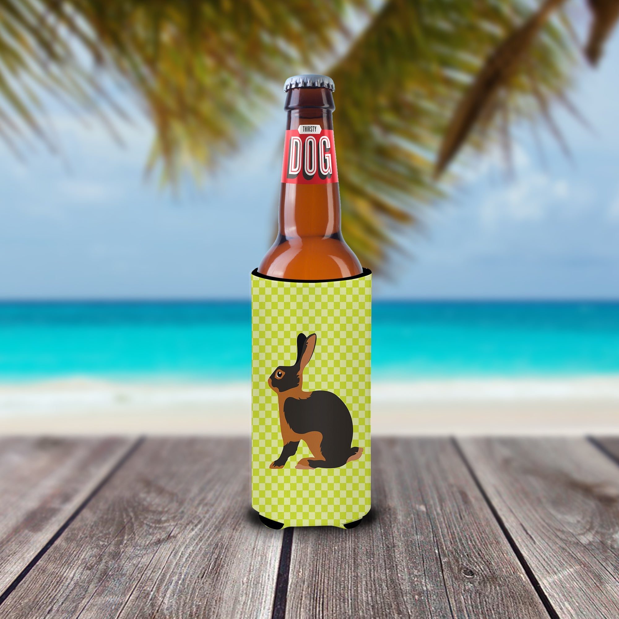 Tan Rabbit Green Slim Can Hugger , Insulated Foam Hugger for 12 oz Slim Cans, Beer Bottles & Water Bottles, Printed in USA