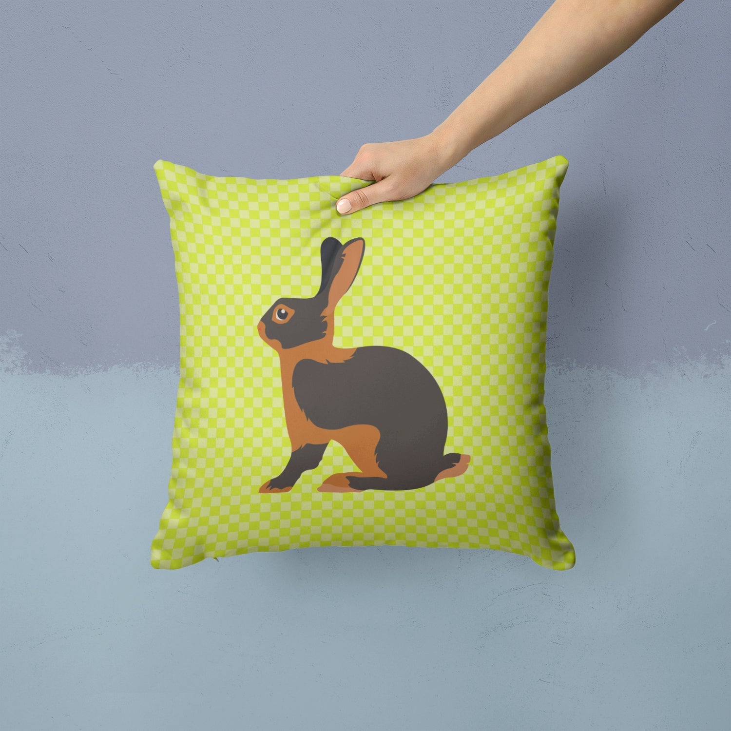 Tan Rabbit Green Decorative Throw Pillow 14x14 Indoor Outdoor Accent Cushion, Fabric Cover with Insert for Sofa, Bed, Porch & Living Room