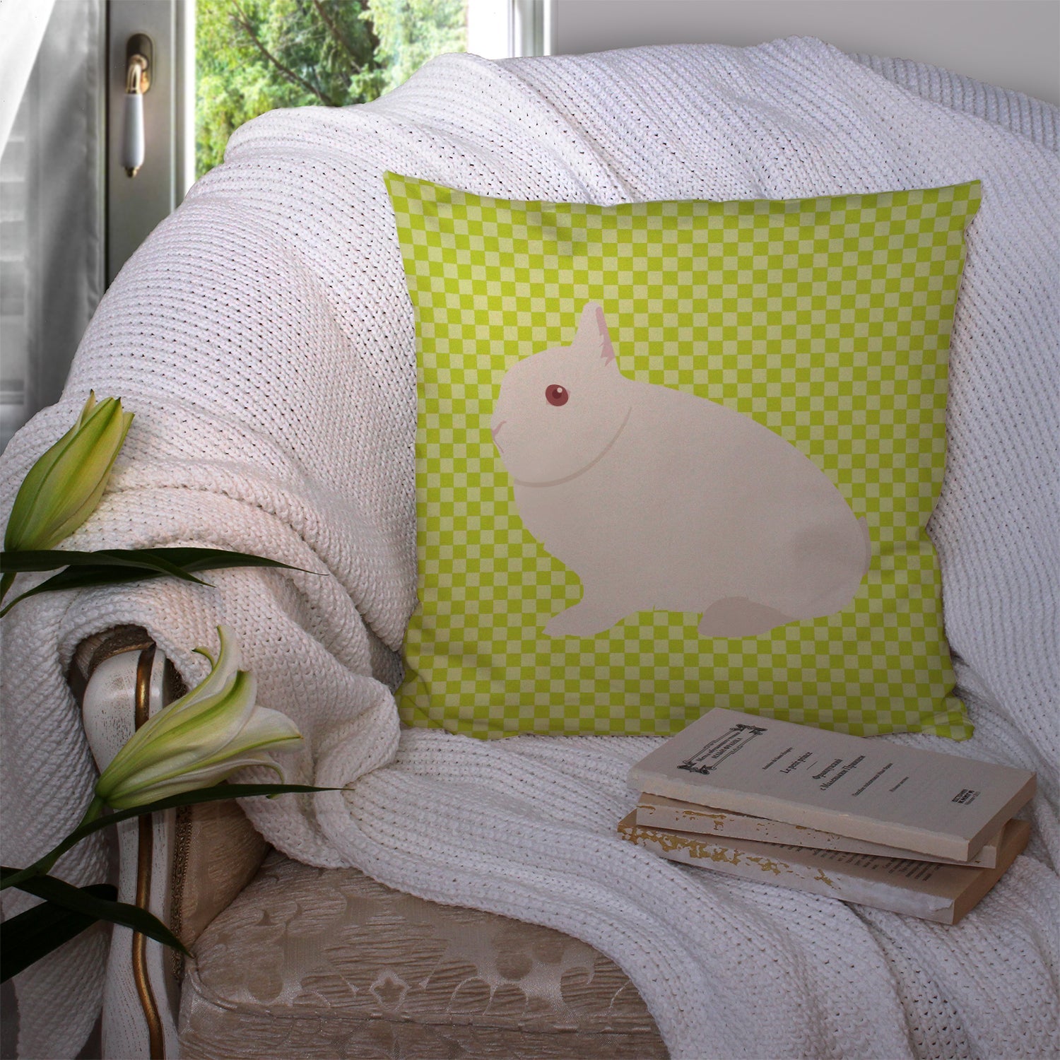 Hermelin Rabbit Green Decorative Throw Pillow 14x14 Indoor Outdoor Accent Cushion, Fabric Cover with Insert for Sofa, Bed, Porch & Living Room