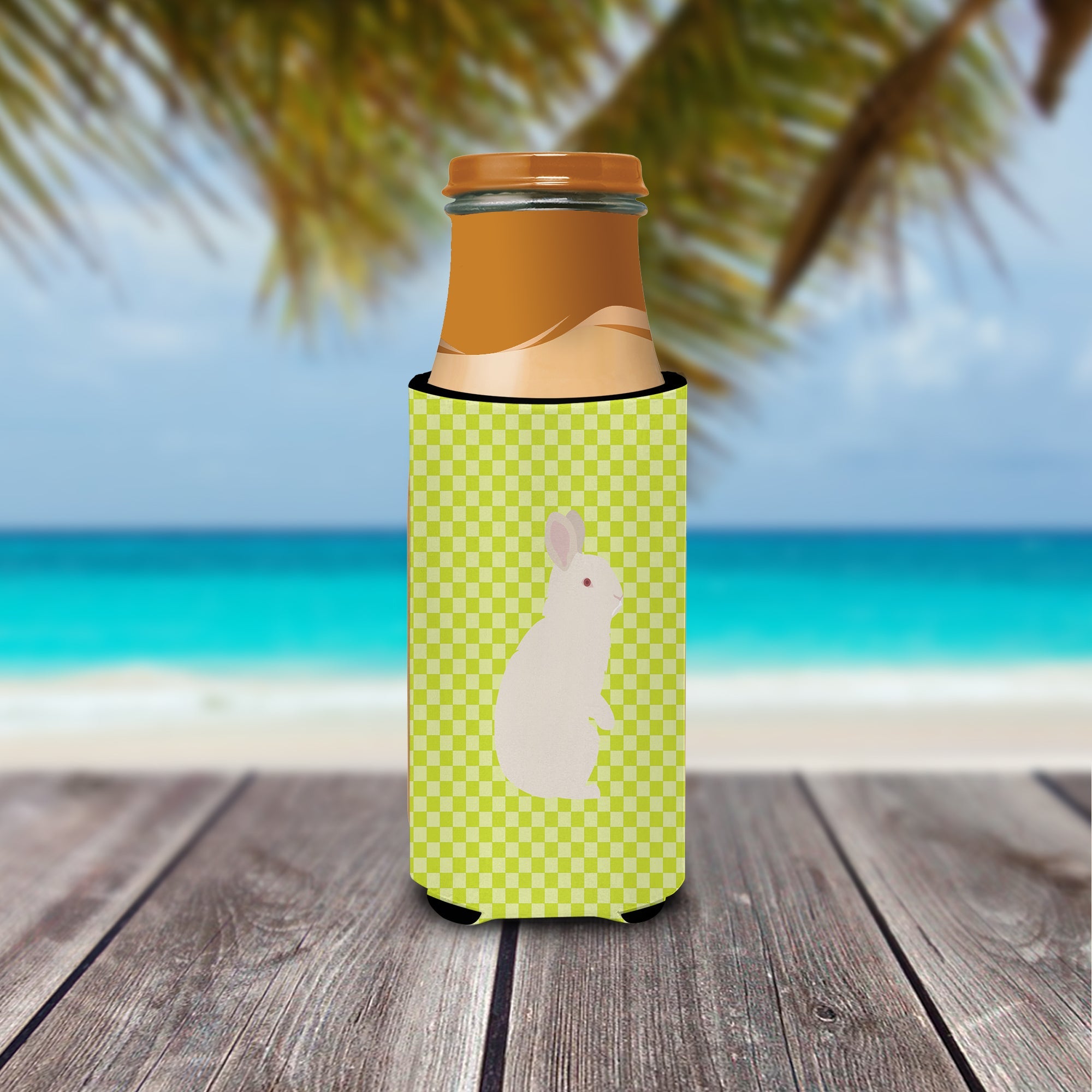 New Zealand White Rabbit Green Slim Can Hugger , Insulated Foam Hugger for 12 oz Slim Cans, Beer Bottles & Water Bottles, Printed in USA