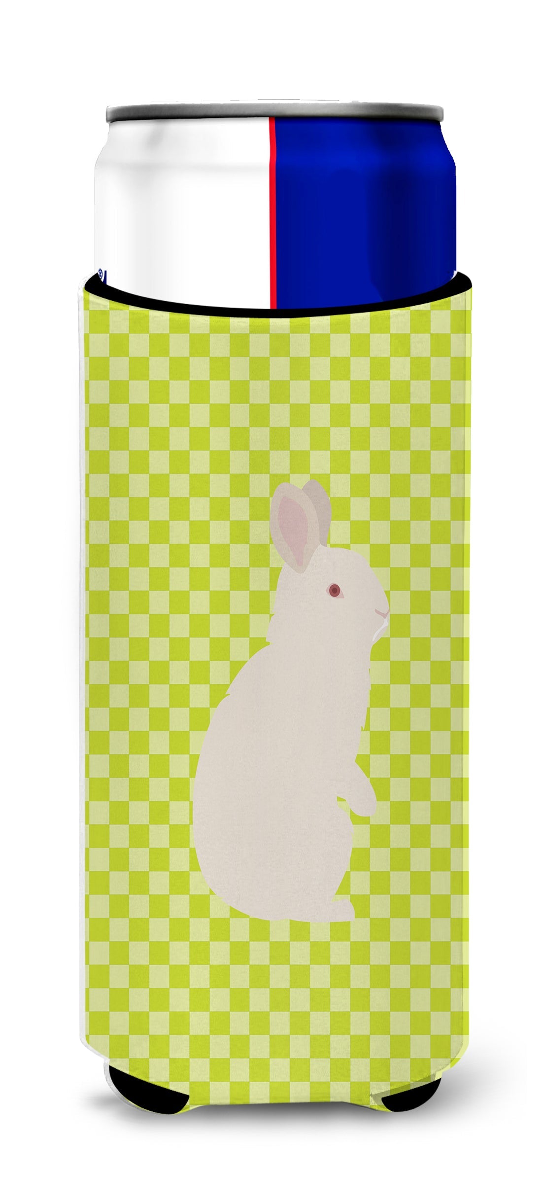 New Zealand White Rabbit Green Slim Can Hugger , Insulated Foam Hugger for 12 oz Slim Cans, Beer Bottles & Water Bottles, Printed in USA