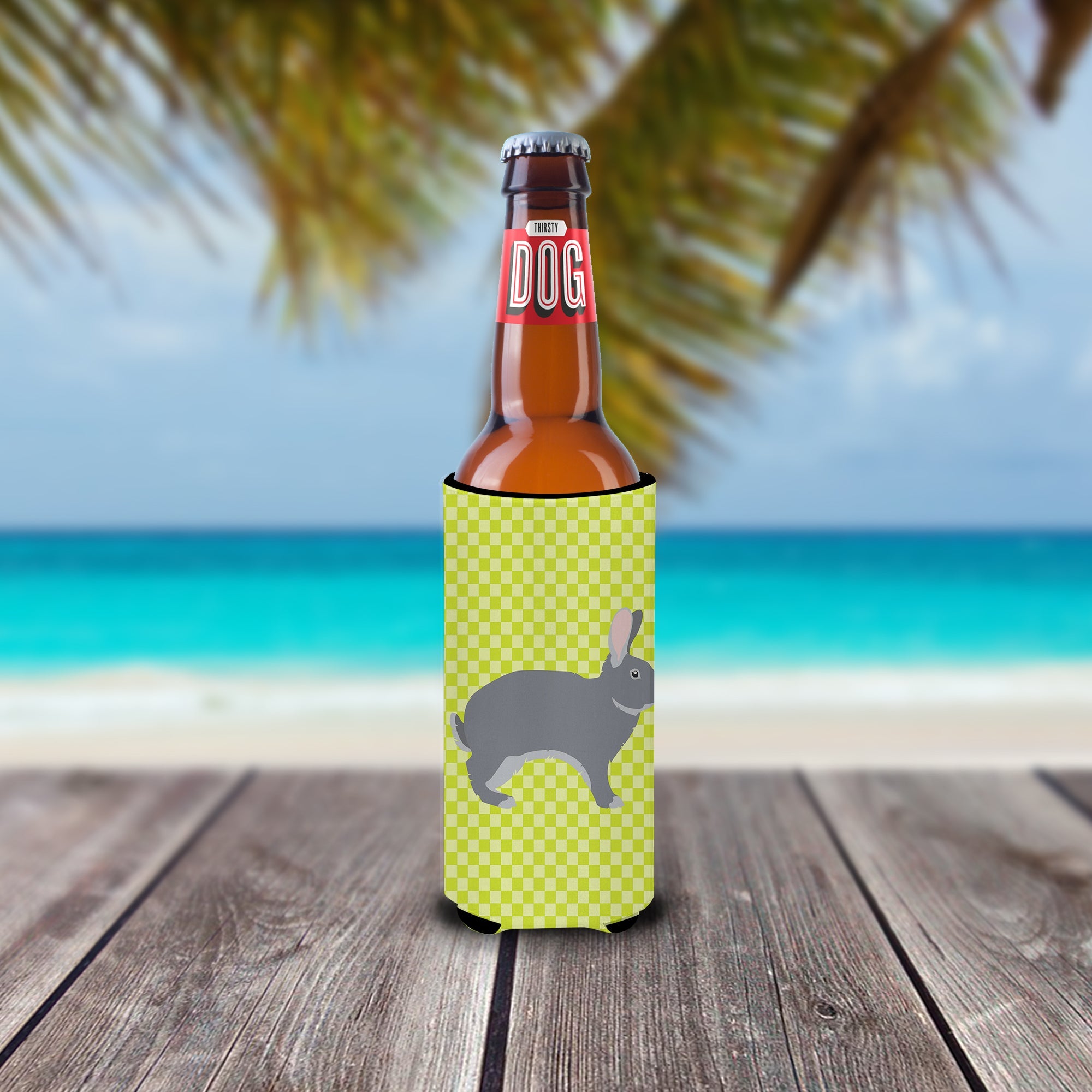Giant Chinchilla Rabbit Green Slim Can Hugger , Insulated Foam Hugger for 12 oz Slim Cans, Beer Bottles & Water Bottles, Printed in USA