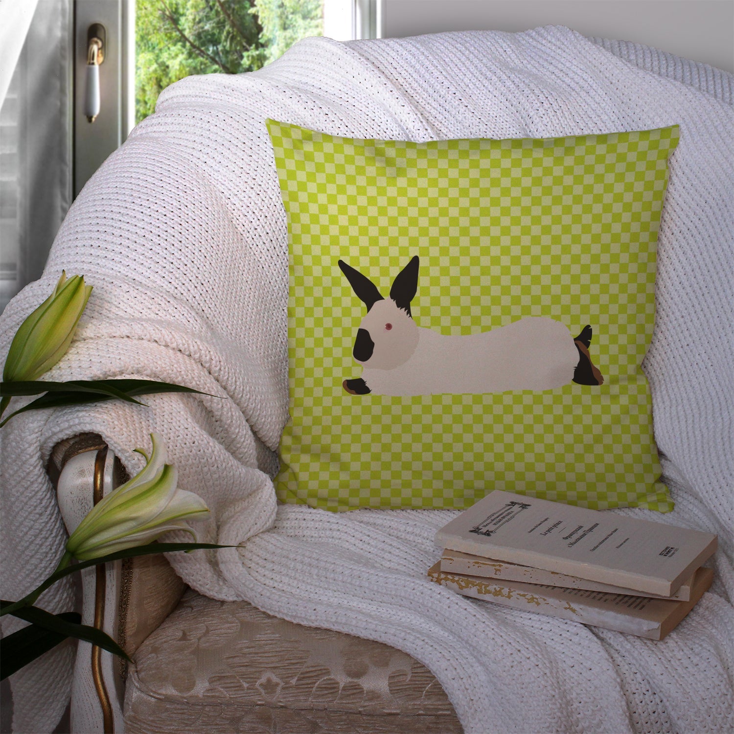 California White Rabbit Green Decorative Throw Pillow 14x14 Indoor Outdoor Accent Cushion, Fabric Cover with Insert for Sofa, Bed, Porch & Living Room