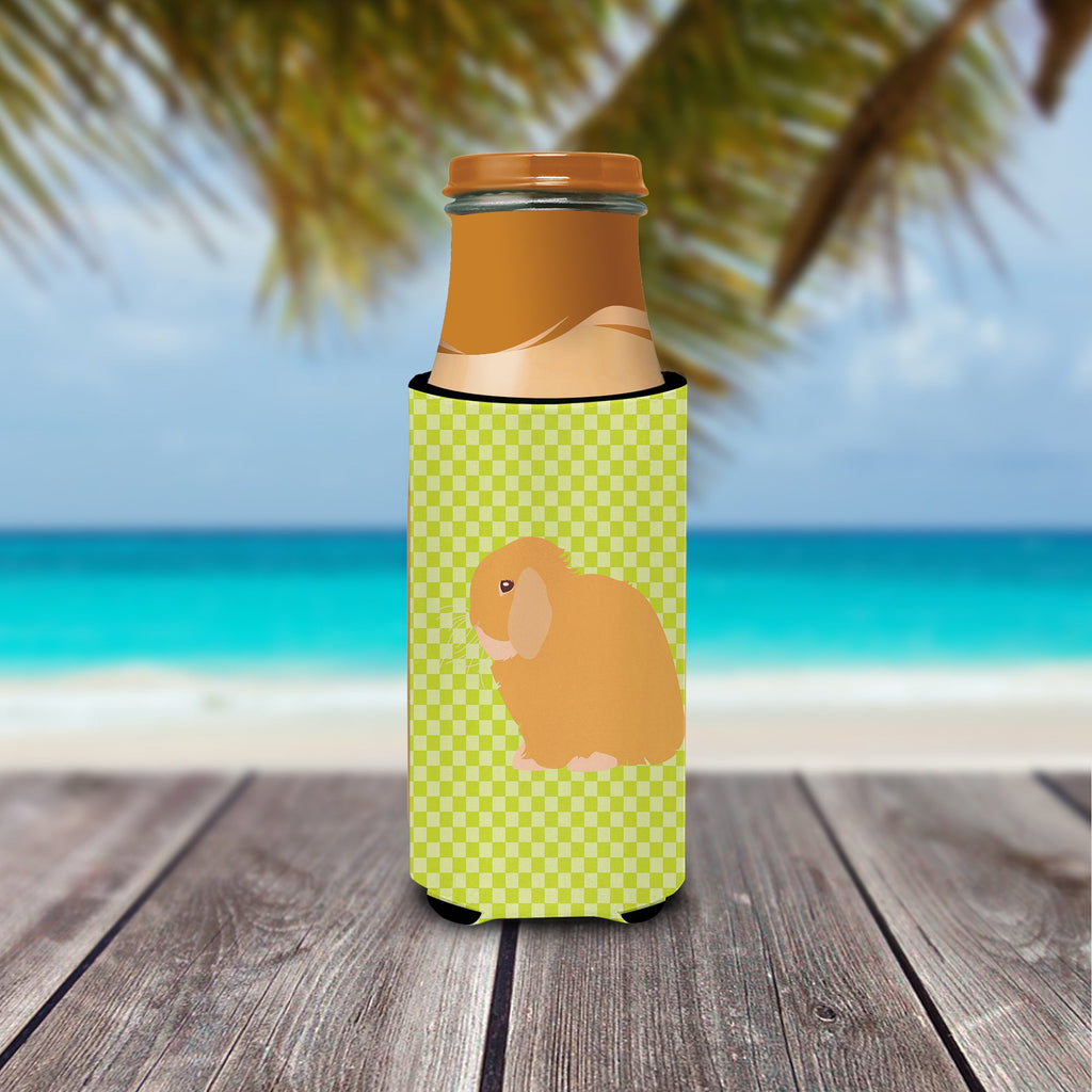 Holland Lop Rabbit Green Slim Can Hugger , Insulated Foam Hugger for 12 oz Slim Cans, Beer Bottles & Water Bottles, Printed in USA