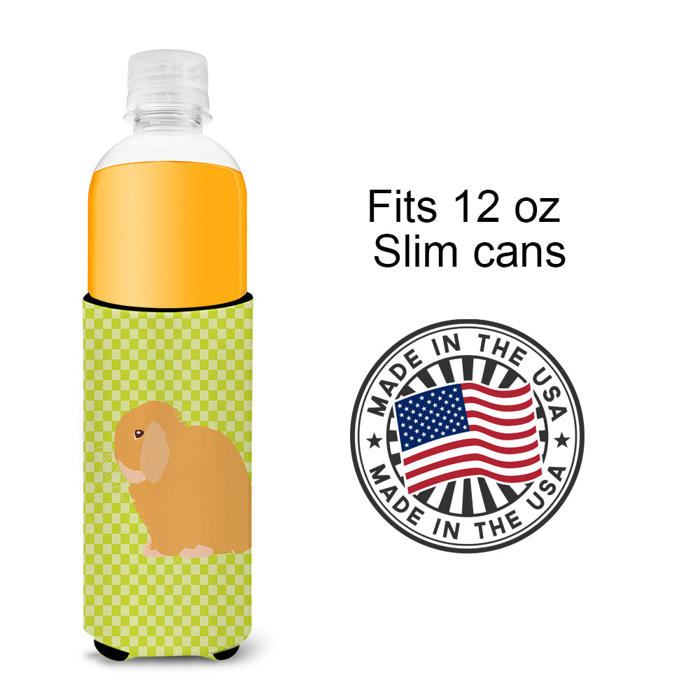 Holland Lop Rabbit Green Slim Can Hugger , Insulated Foam Hugger for 12 oz Slim Cans, Beer Bottles & Water Bottles, Printed in USA