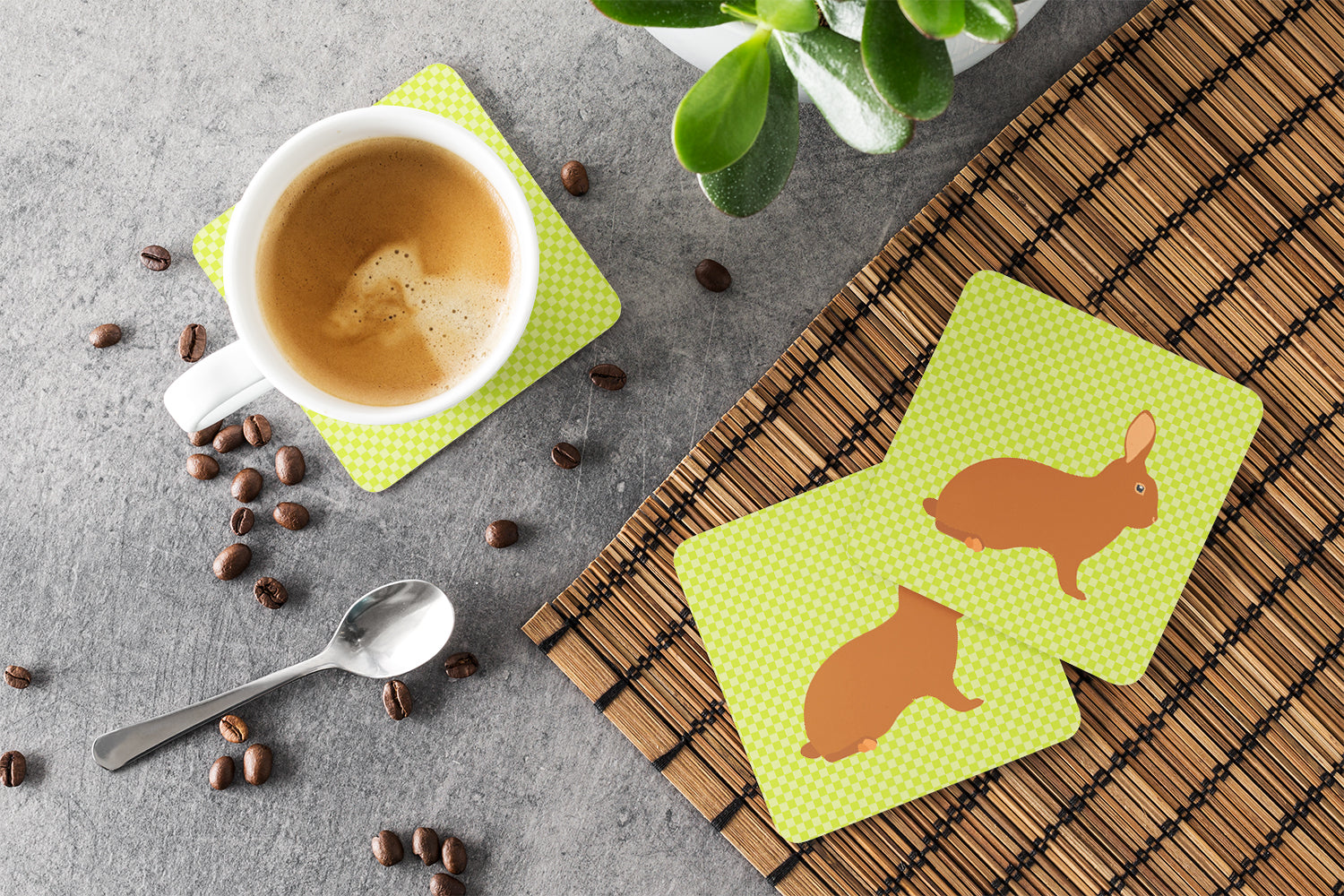 Rex Rabbit Green Foam Coasters Set of 4 Cup Coasters for Indoor Outdoor, Tabletop Protection, Anti Slip, Mouse pad Material