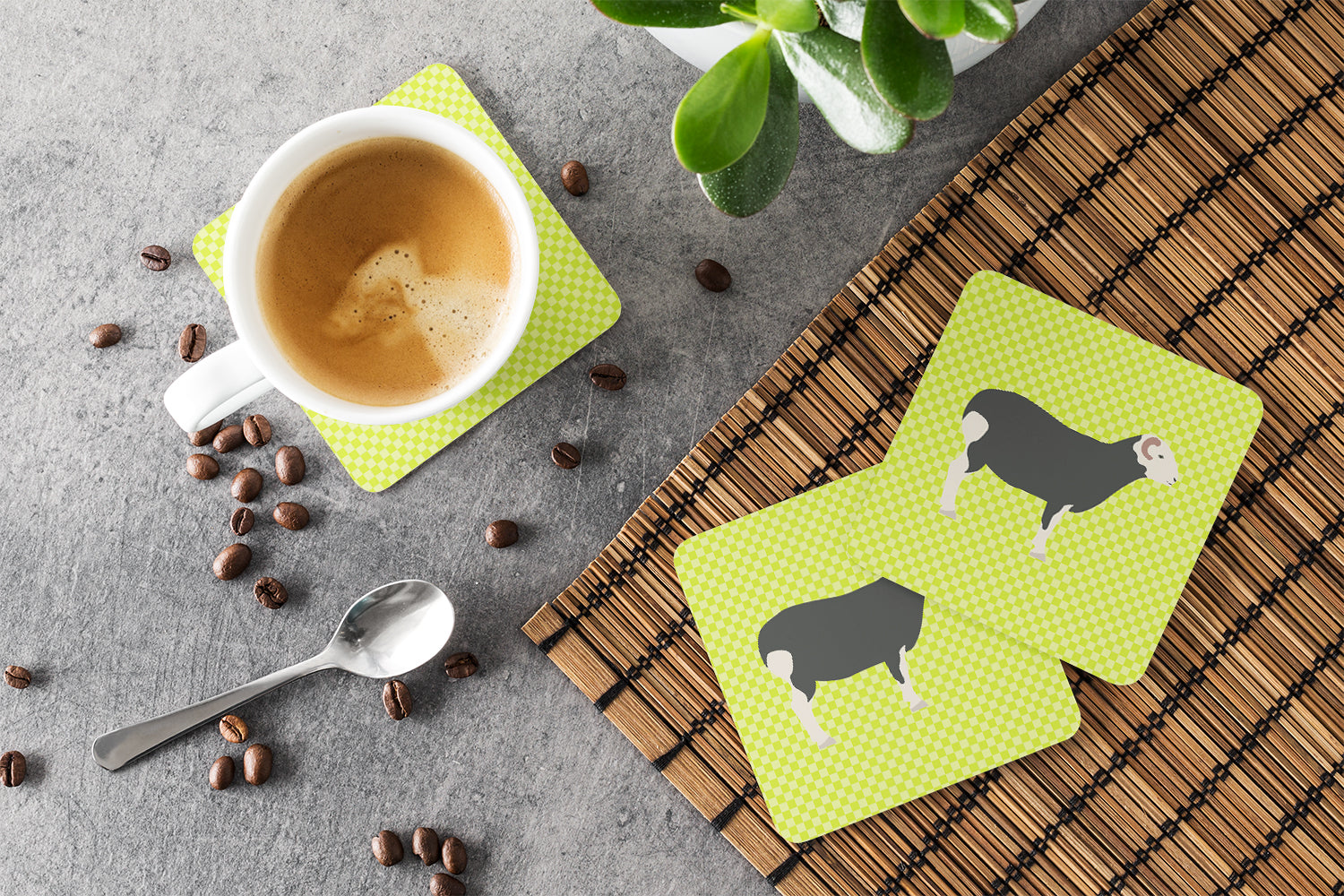 Herwick Sheep Green Foam Coasters Set of 4 Cup Coasters for Indoor Outdoor, Tabletop Protection, Anti Slip, Mouse pad Material