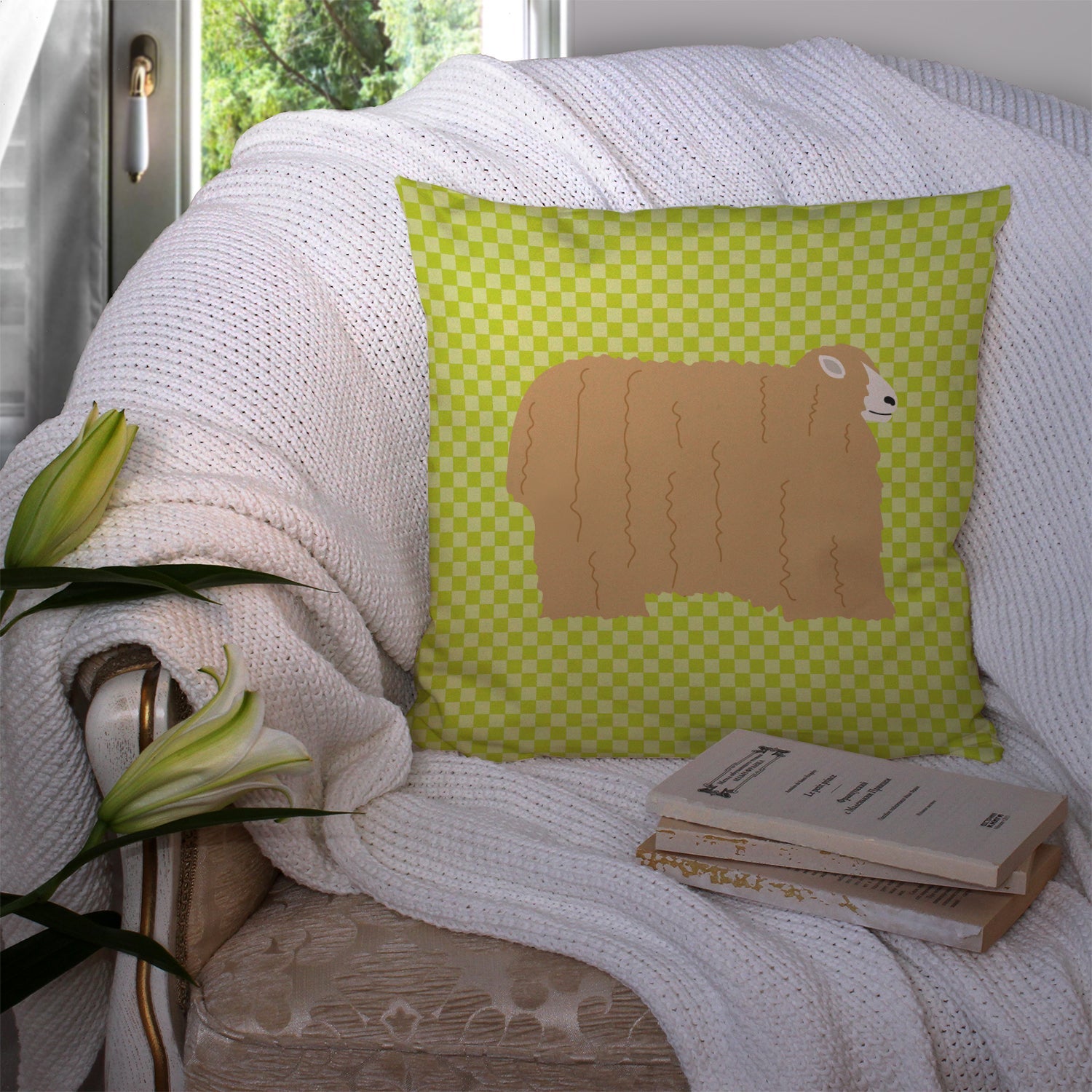 Lincoln Longwool Sheep Green Decorative Throw Pillow 14x14 Indoor Outdoor Accent Cushion, Fabric Cover with Insert for Sofa, Bed, Porch & Living Room