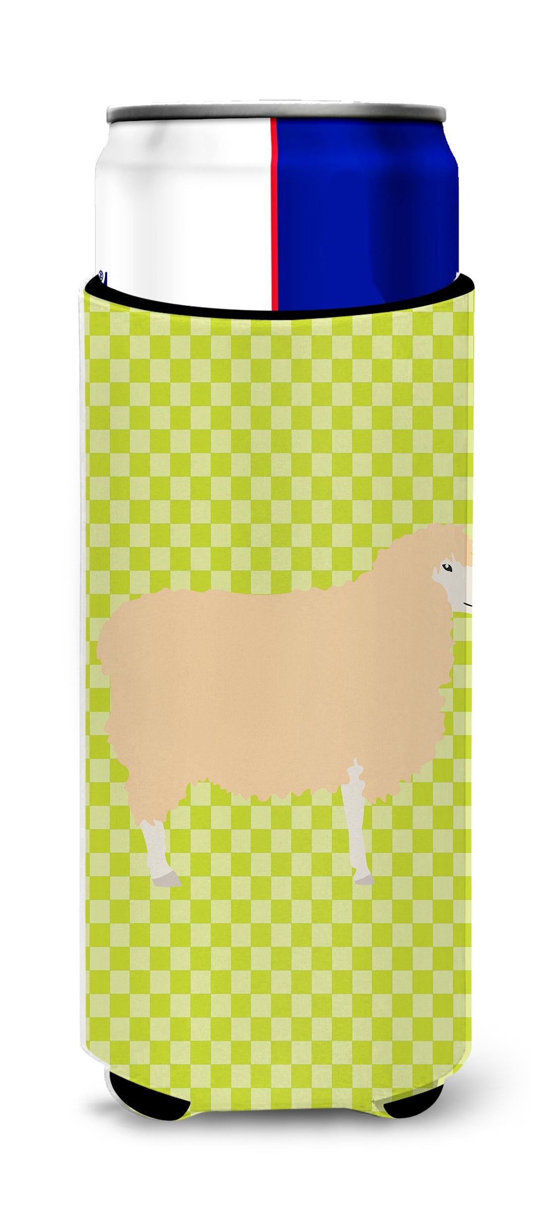 English Leicester Longwool Sheep Green Slim Can Hugger , Insulated Foam Hugger for 12 oz Slim Cans, Beer Bottles & Water Bottles, Printed in USA