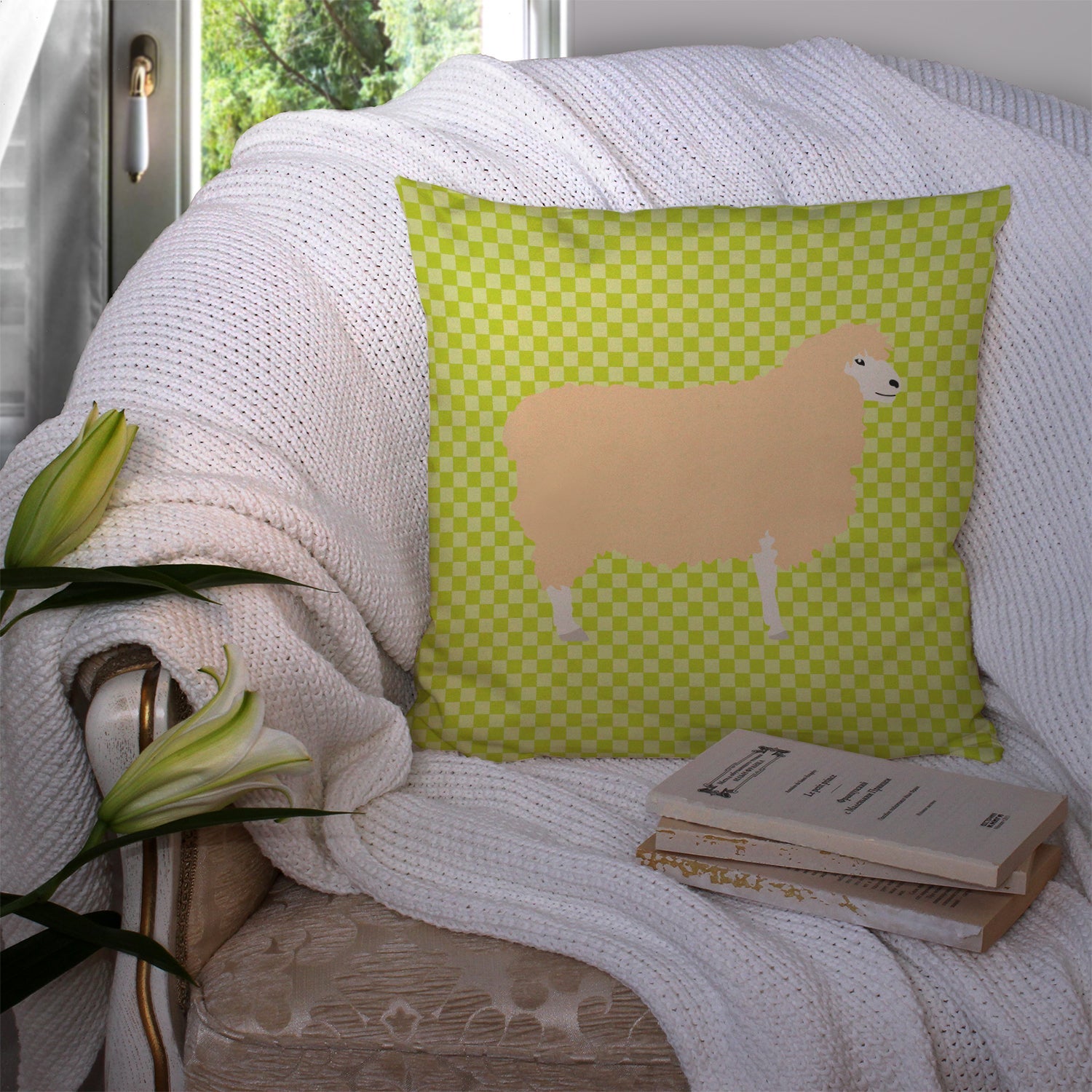 English Leicester Longwool Sheep Green Decorative Throw Pillow 14x14 Indoor Outdoor Accent Cushion, Fabric Cover with Insert for Sofa, Bed, Porch & Living Room