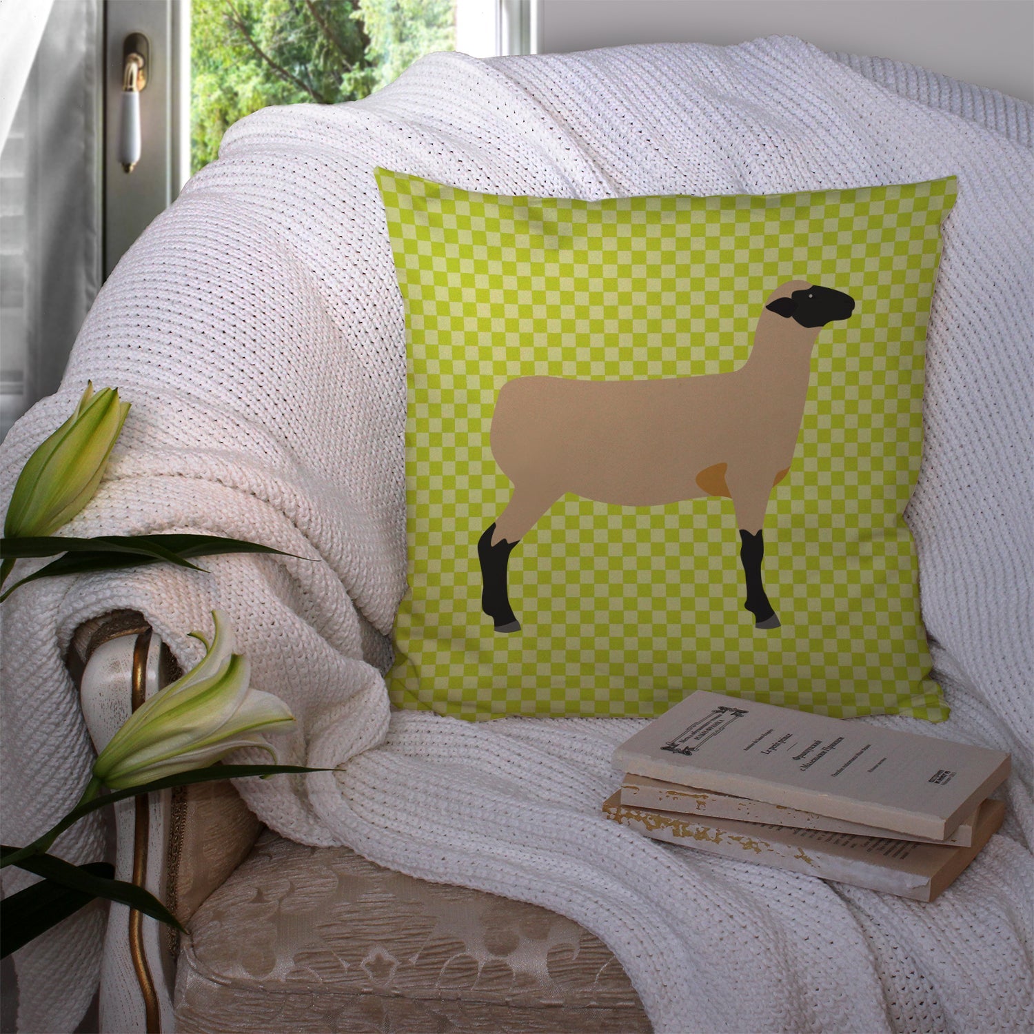 Hampshire Down Sheep Green Decorative Throw Pillow 14x14 Indoor Outdoor Accent Cushion, Fabric Cover with Insert for Sofa, Bed, Porch & Living Room