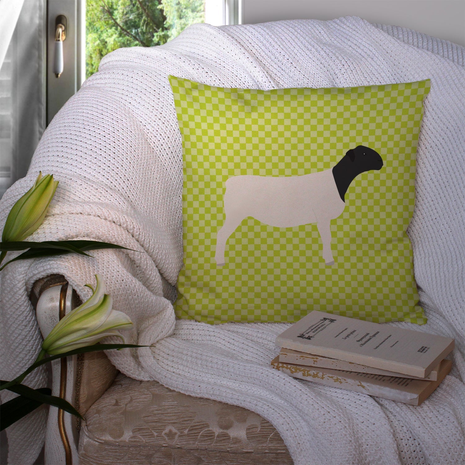 Dorper Sheep Green Decorative Throw Pillow 14x14 Indoor Outdoor Accent Cushion, Fabric Cover with Insert for Sofa, Bed, Porch & Living Room