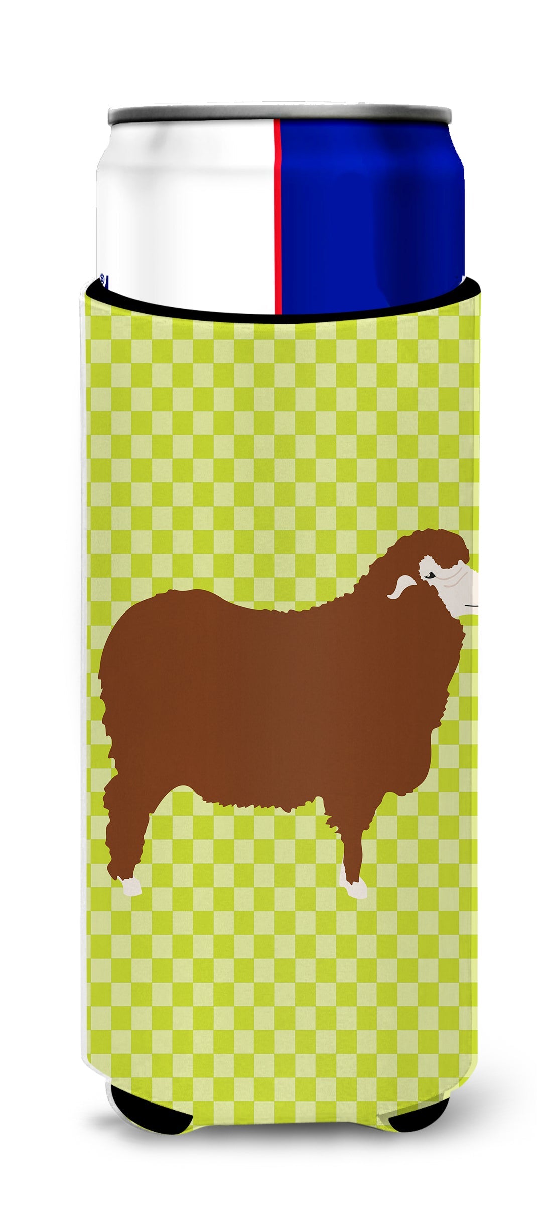 Merino Sheep Green Slim Can Hugger , Insulated Foam Hugger for 12 oz Slim Cans, Beer Bottles & Water Bottles, Printed in USA